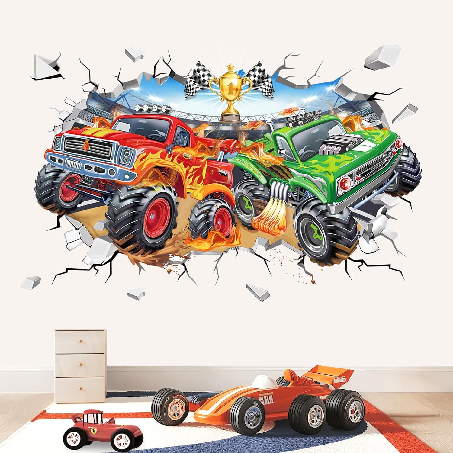Large 3D Racing Car Wall Stickers Vehicles Truck Break Through Peel and Stick Wall Art / 3D Truck