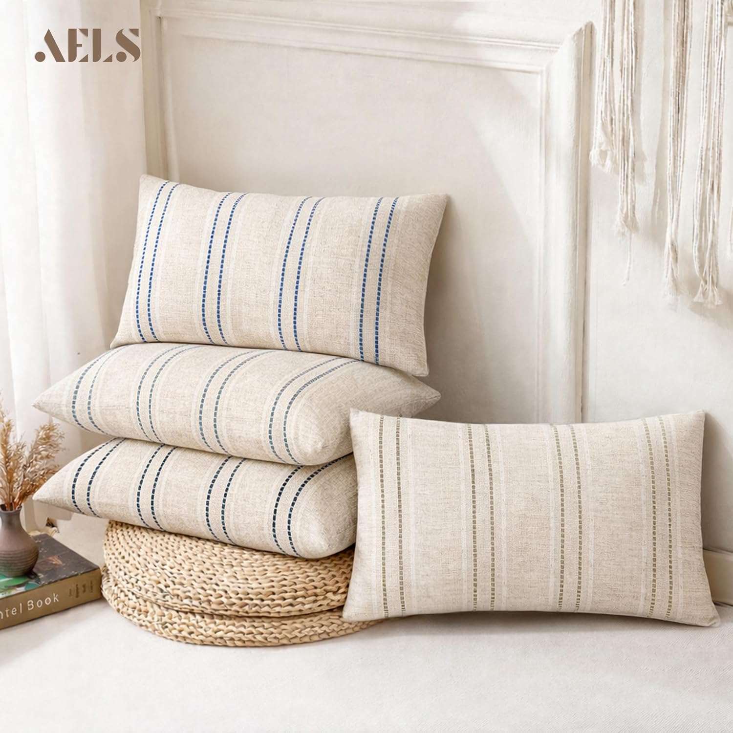 Boho Textured Pillow Case / Beige with White & Black / 20 x 12 / Set of 2