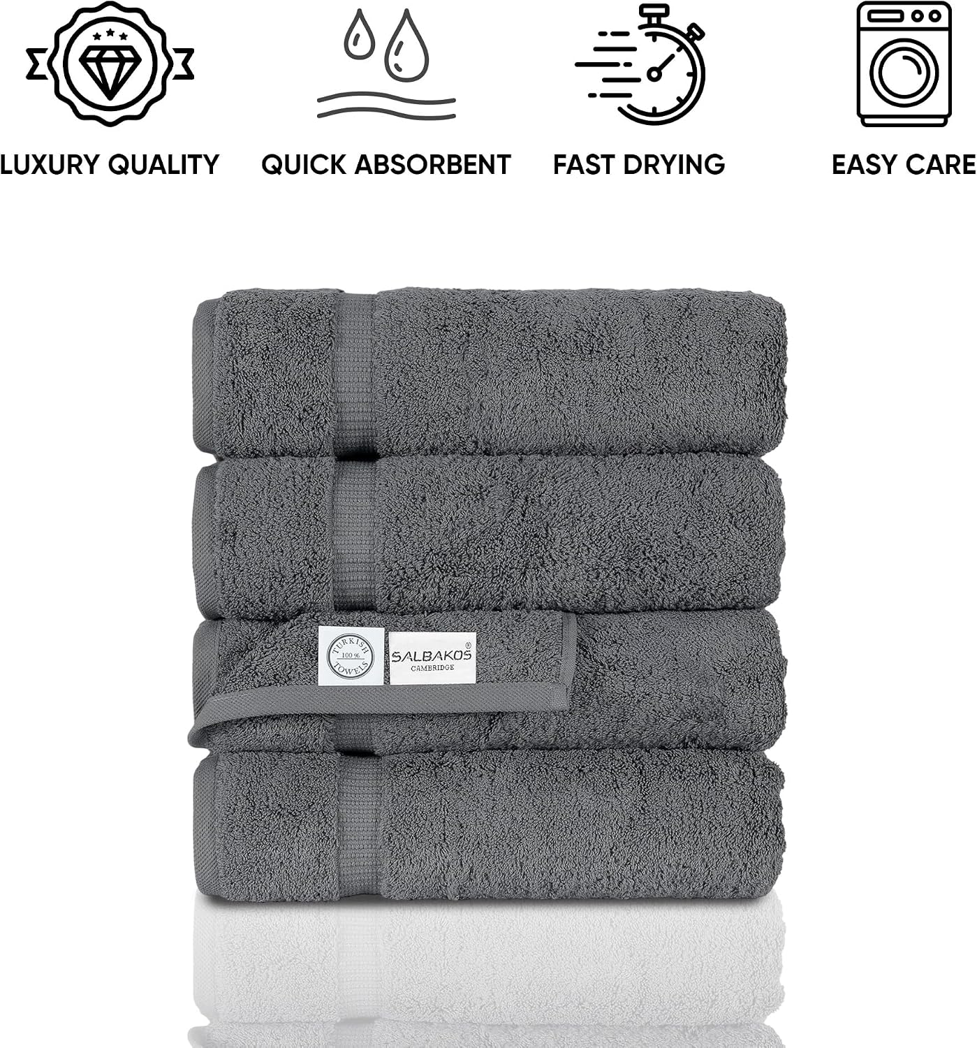 SALBAKOS 4-Piece 100% Turkish Cotton Bath Towels, 27x54 inch, Gray | Standard Size, 630 Gsm Thick Super Soft Highly