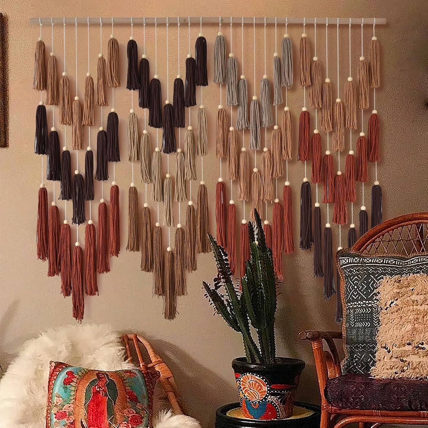 Macrame Wall Hanging Yarn Boho Wall Decor Wave Tassel Home Wall Aesthetic Living Rooms / Multi
