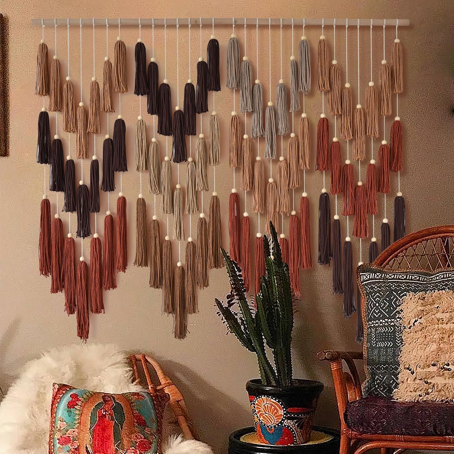 Macrame Wall Hanging Yarn Boho Wall Decor Wave Tassel Home Wall Aesthetic Living Rooms / Multi