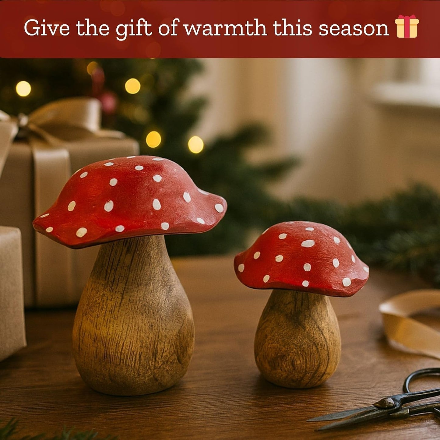 Wooden Mushrooms Decorative Figurines / Red / Set of 2
