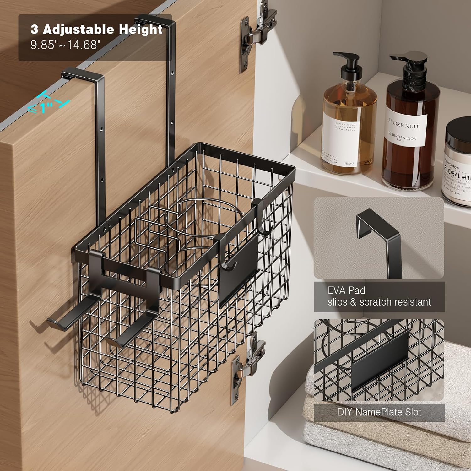 Voldra Hair Dryer Holder Cabinet Door, Adhesive Hair Tool Organizer Wall Mount Adjustable Height Blow Dryer Holder