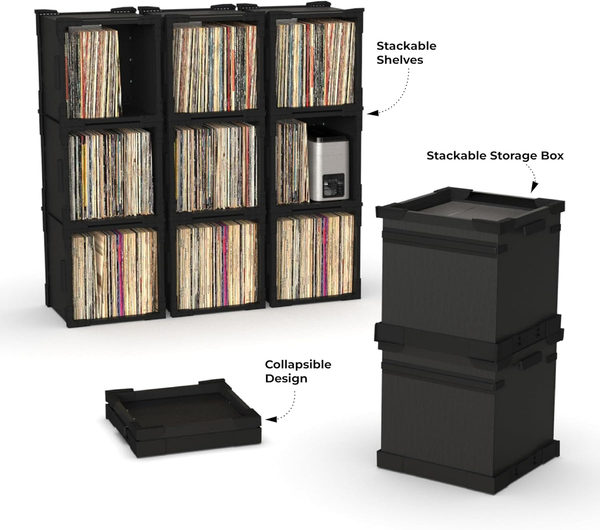 HumminGuru FlexiCube Vinyl Record Storage Box – Stackable Organizer for 12” Records, Holds 70 LPs | Modular Vinyl Shelf