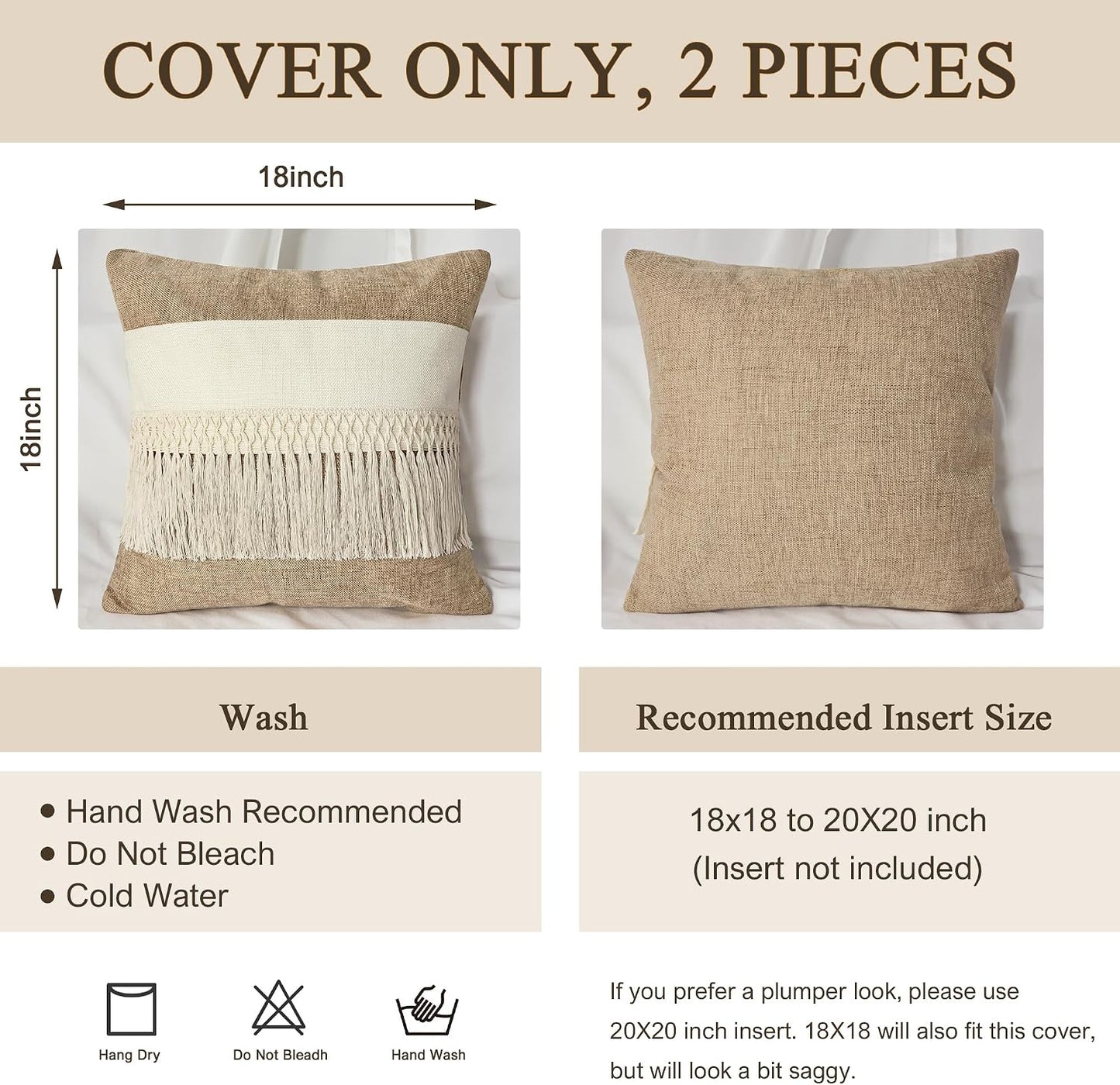 Boho Pillow Covers / Boho Long Fringe-khaki / 18 x 18 / Set of 2