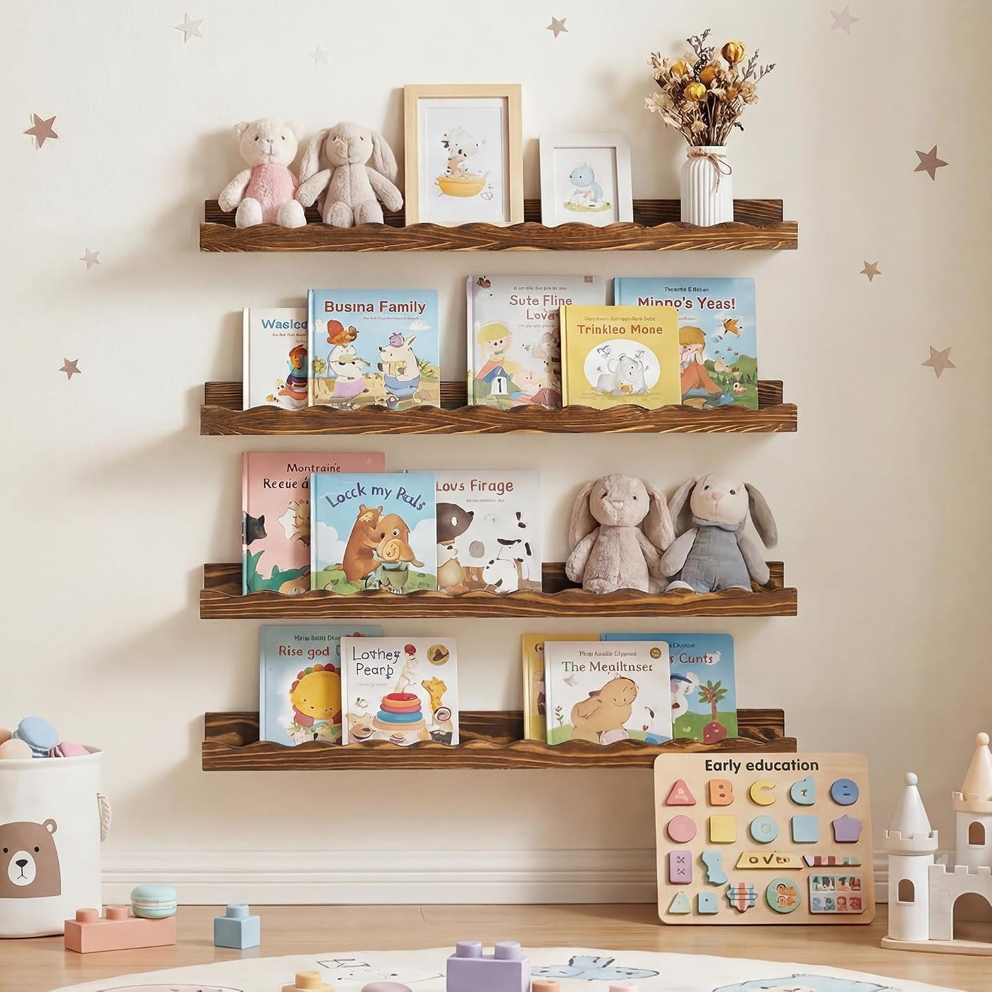 Fun Memories Picture Ledge Shelf for Wall, 24 inch Pine Wood Nursery Book Shelves Set of 2- Wall Book Shelves for Kids