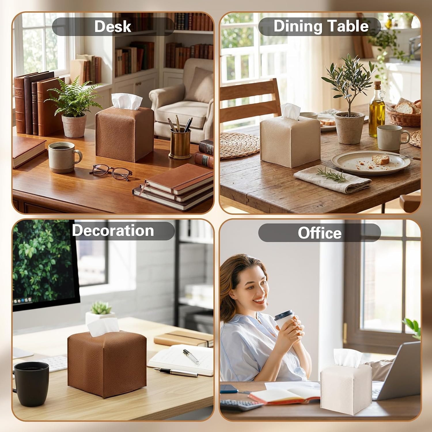 Tissue Box Cover Square PU Leather Tissue Box Holder Modern Facial Paper / Caramel Color / Set of 3