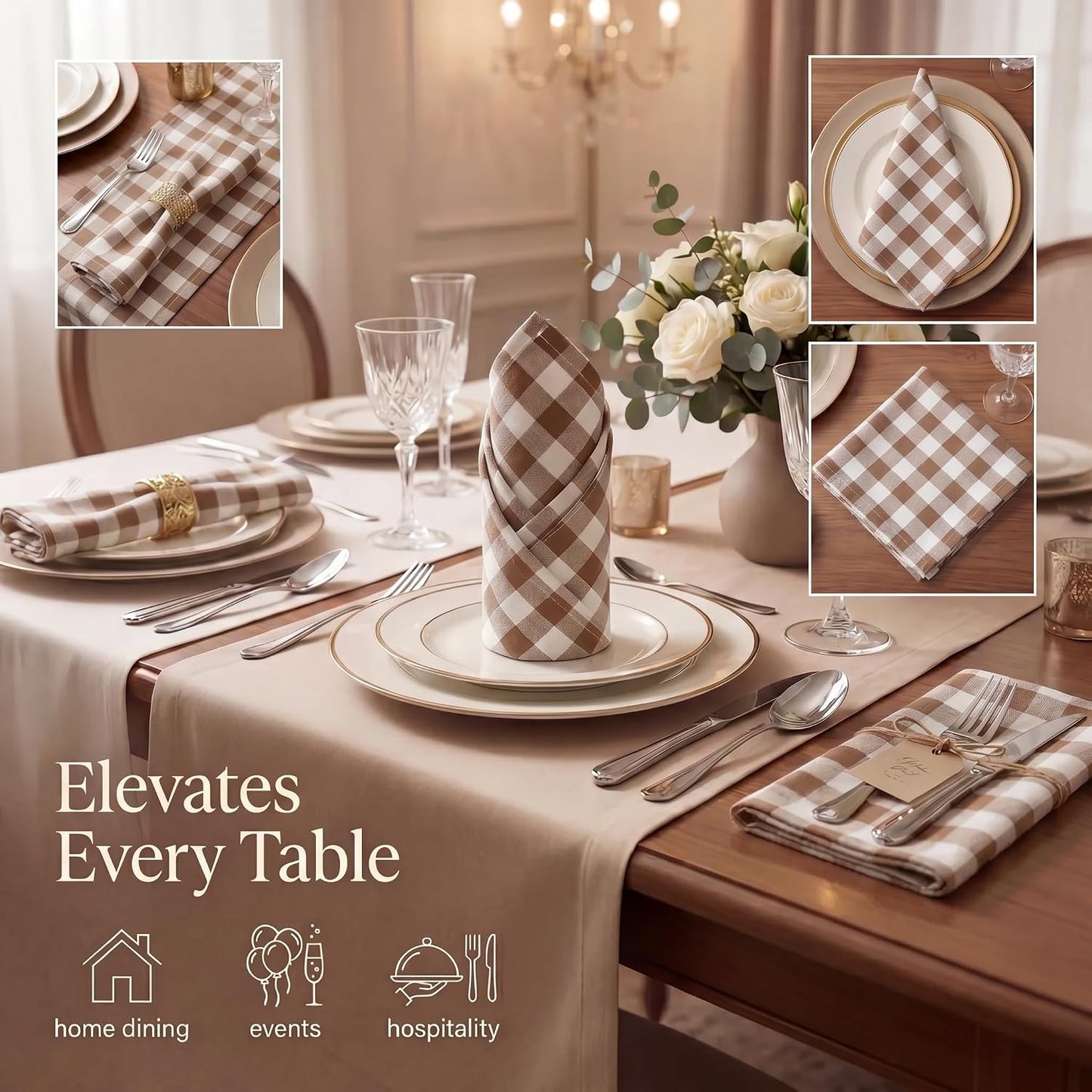 Urban Villa Cloth Napkins Cotton 20x20 (Set of 12) Taupe/Chocolate