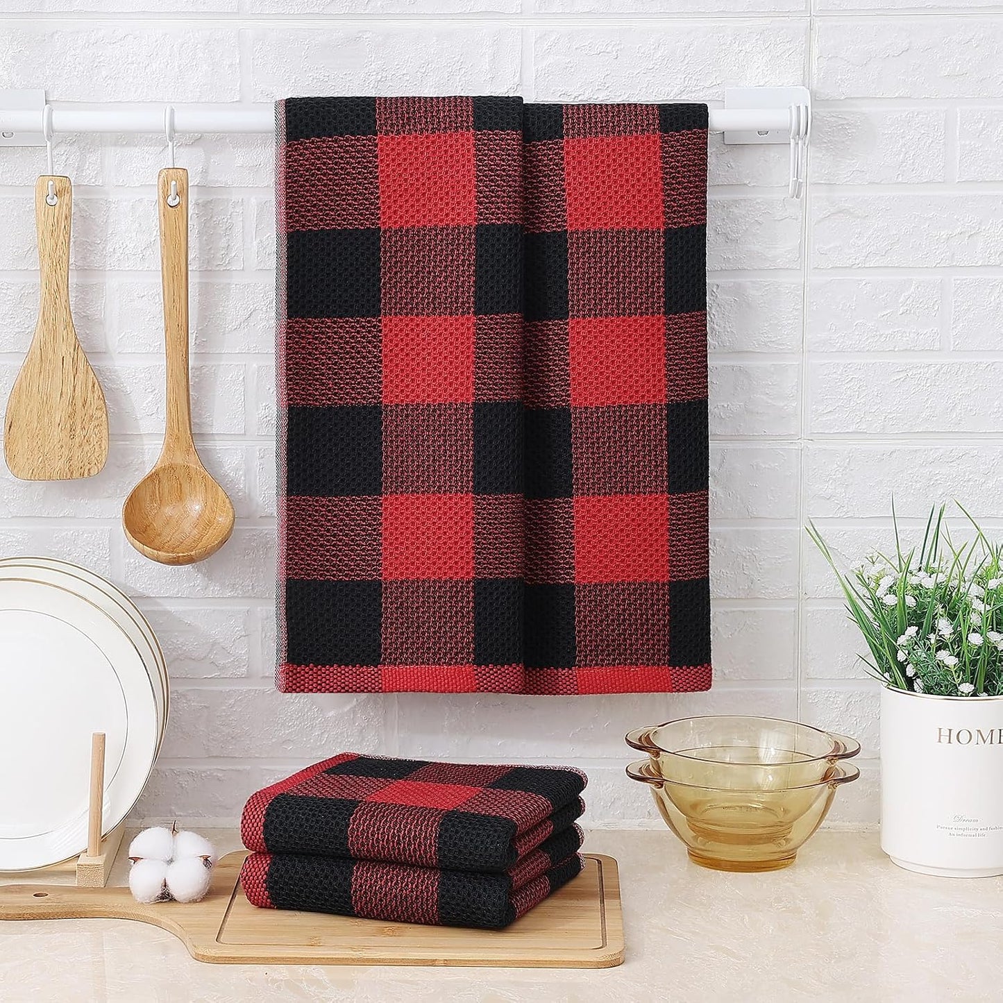 Mordimy Cotton Waffle Weave Kitchen Towels, 13"x 28", 12 Pack, Black & Red | Super Soft and Absorbent Buffalo Check