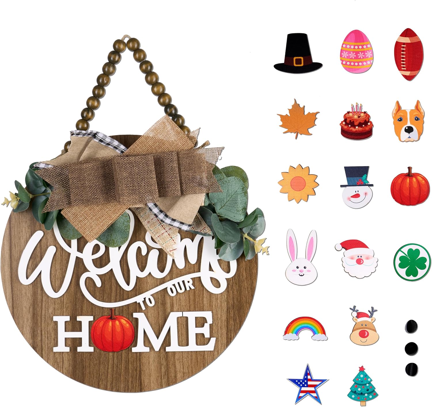 CondorPasea Interchangeable Welcome Door Sign with 16 Different Replaceable Patterns - 12" Round 3D Rustic Wooden Front