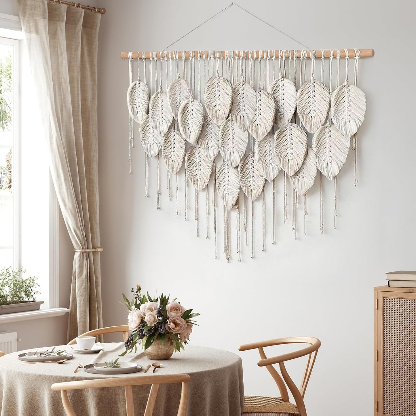 Macrame Wall Hanging Boho Beige Leaves Tapestry Bohemian Handmade Woven Wall / Beige-39" W x 28.3" L