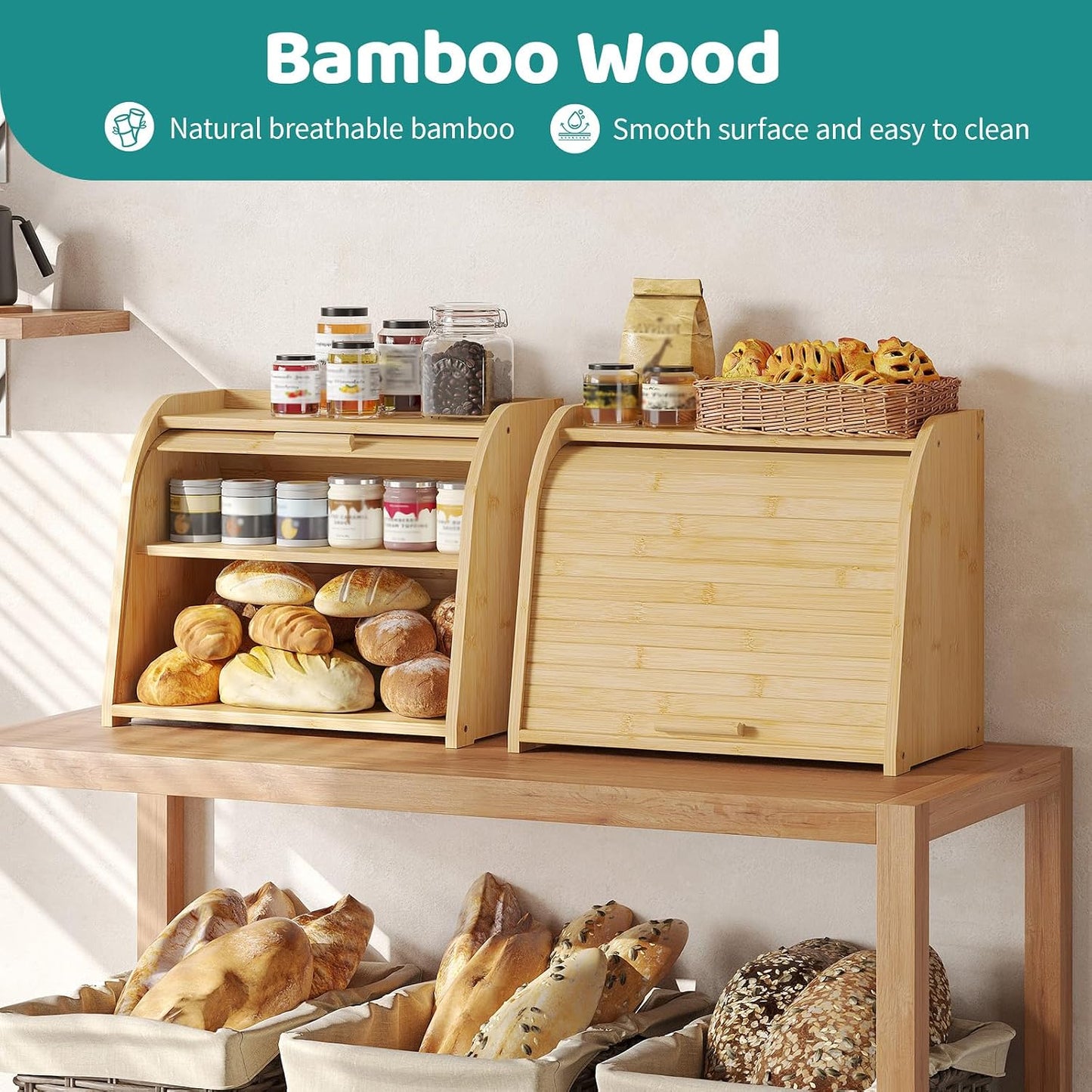 Roll Top Bread Box for Kitchen Countertop, 2-Tier Large Bamboo Wood Bread Box, Wooden Corner Bread Storage Capacity