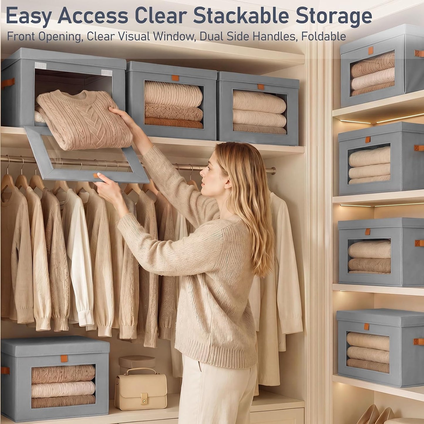 Storage Bins / Front Opening Stackable Fabric Storage Boxes / Gray / Medium / Set of 6