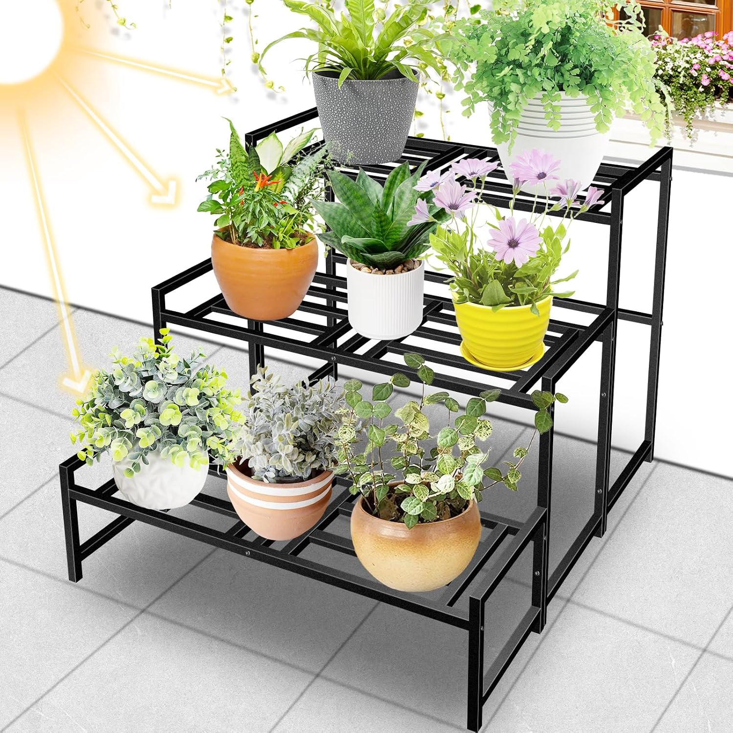 Plant Stand Indoor Outdoor, 3-Tier Stackable Wrought Iron Plant Stands | Metal Plant Shelf Decorative Outdoor Flower