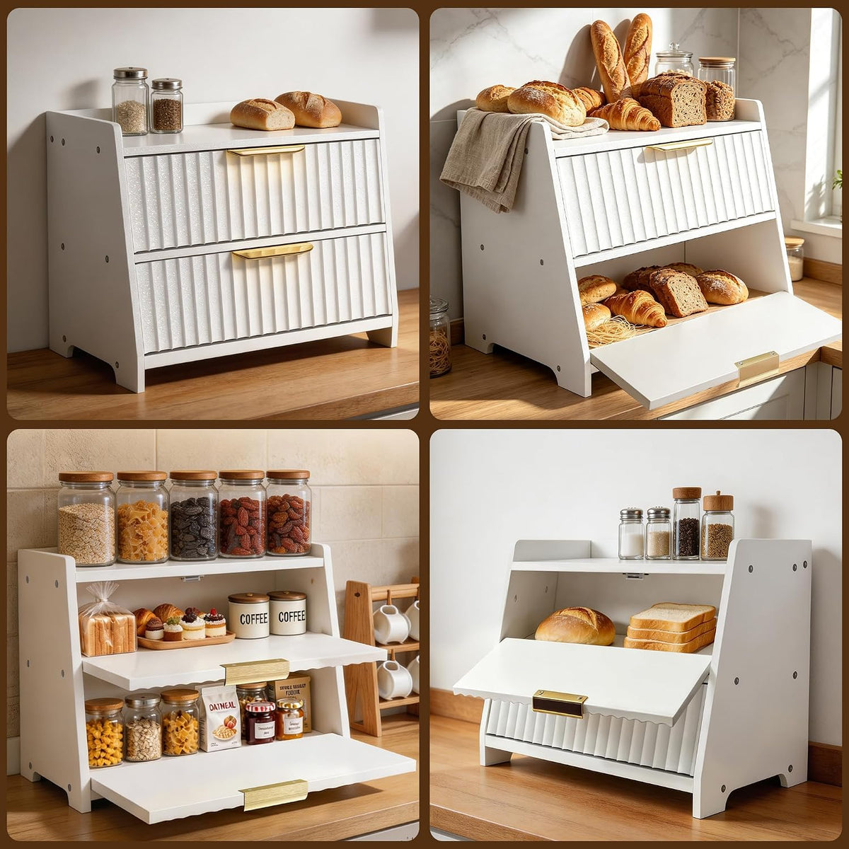 Large Bread Box, White, Double Layer Wooden | Top Shelf, Countertop Organizer Cabinet, For Bread & Coffee Station