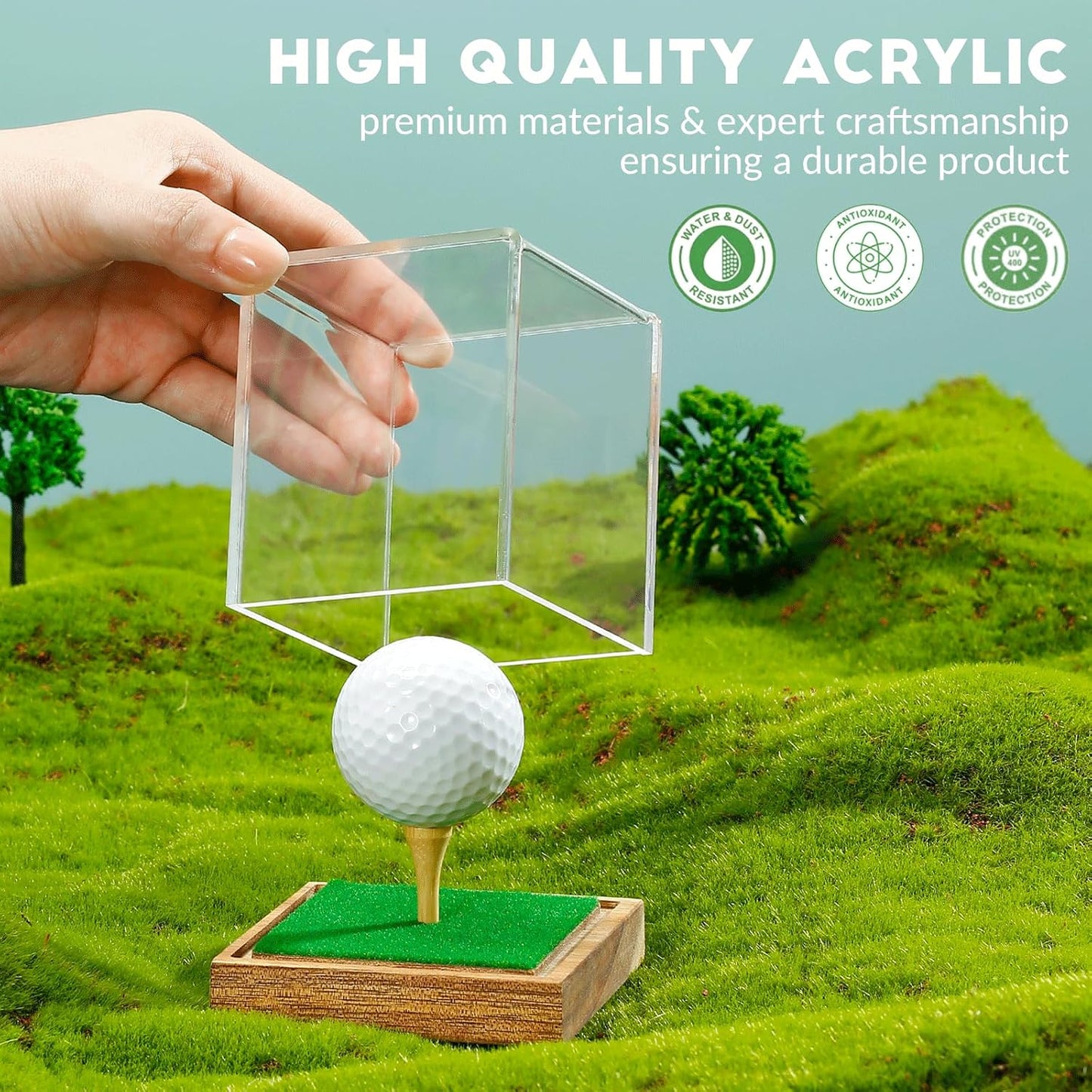 Golf Ball Display Case Clear Acrylic Memorabilia Stand Cube Holder with Wood Base & Tee, Dust Protection Transparent