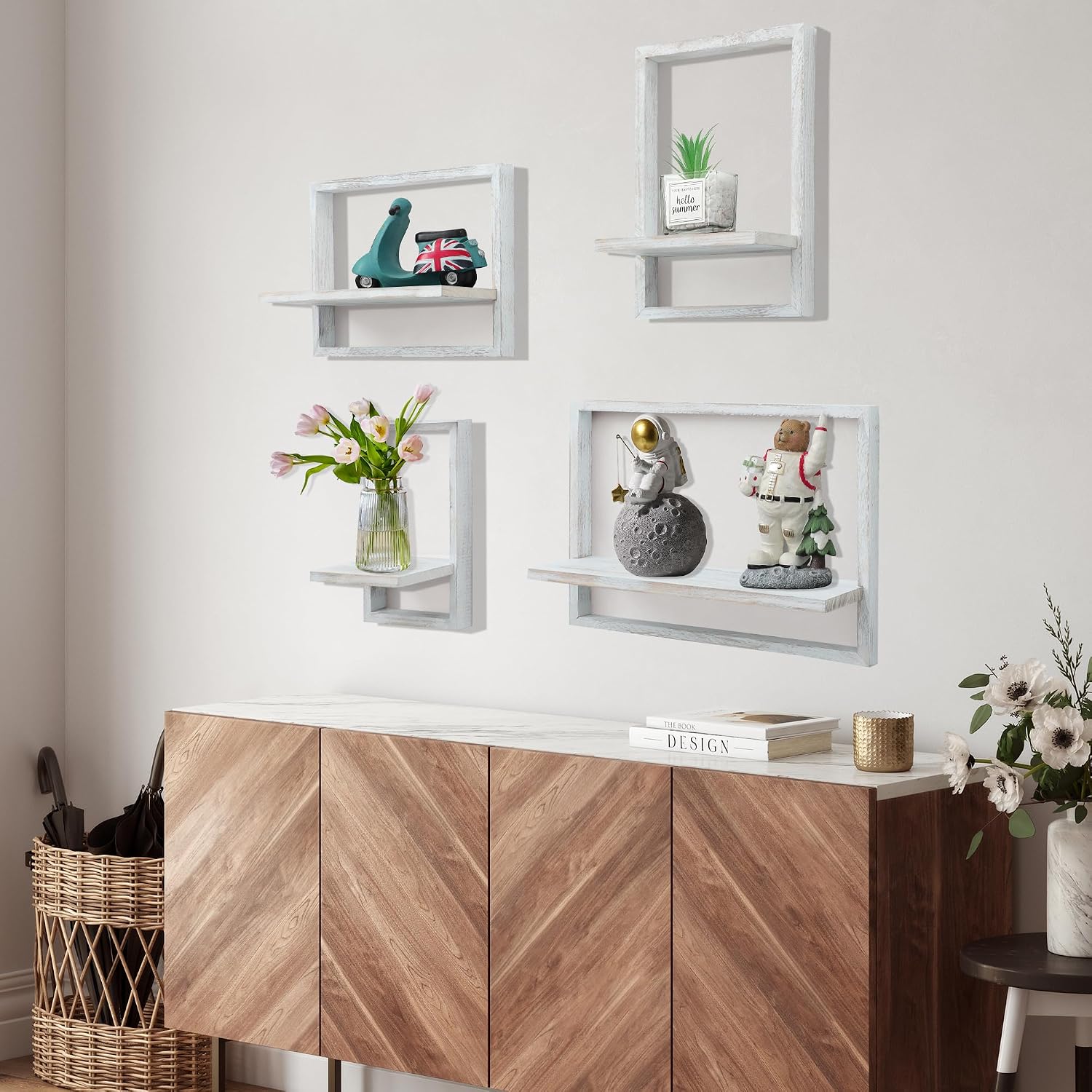 Square Floating Shelves / Rustic White / Set of 4