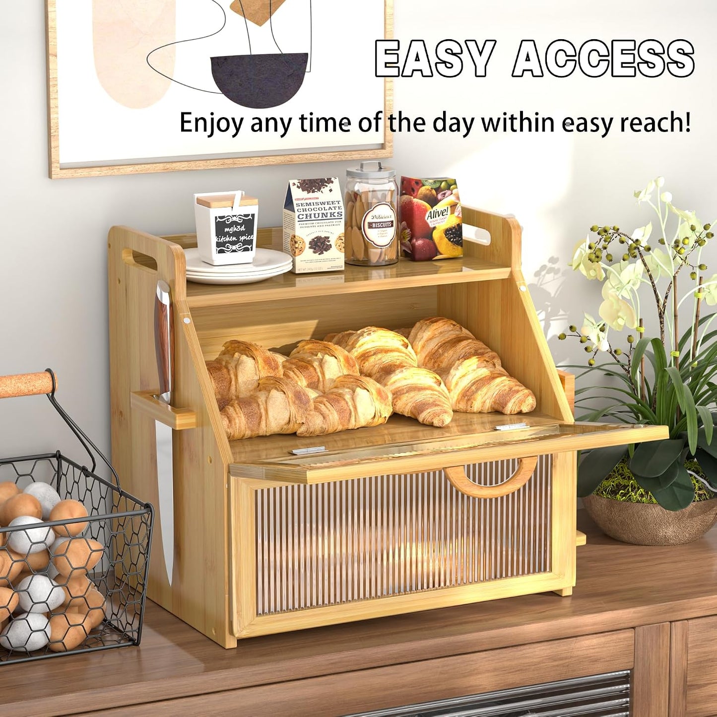 Bread Box for Kitchen Countertop, Large Bread Storage Container for Homemade Bread, Wooden Farmhouse Breadbox