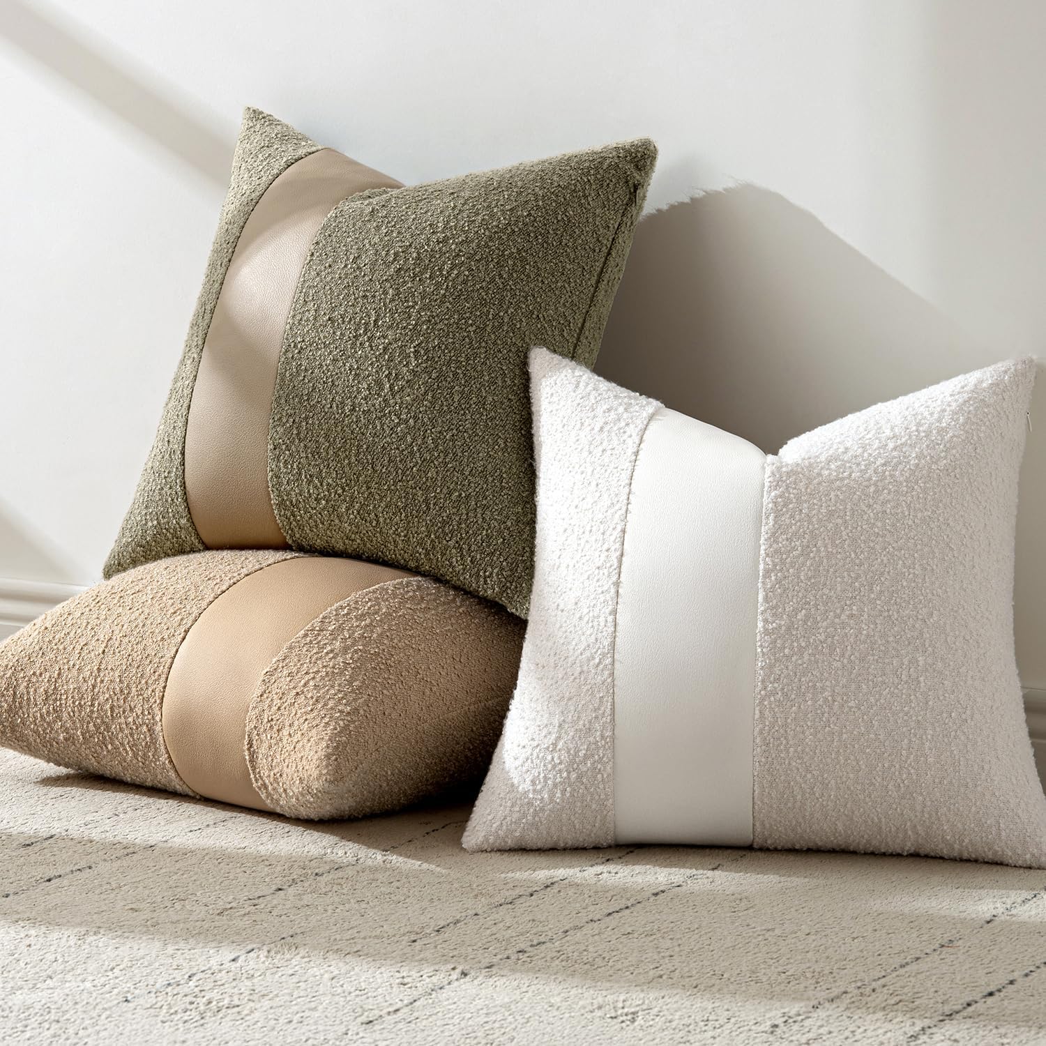 Boucle Throw Pillow Covers Faux Leather Textured Decorative Pillow / 18 x 18 / White / Set of 2