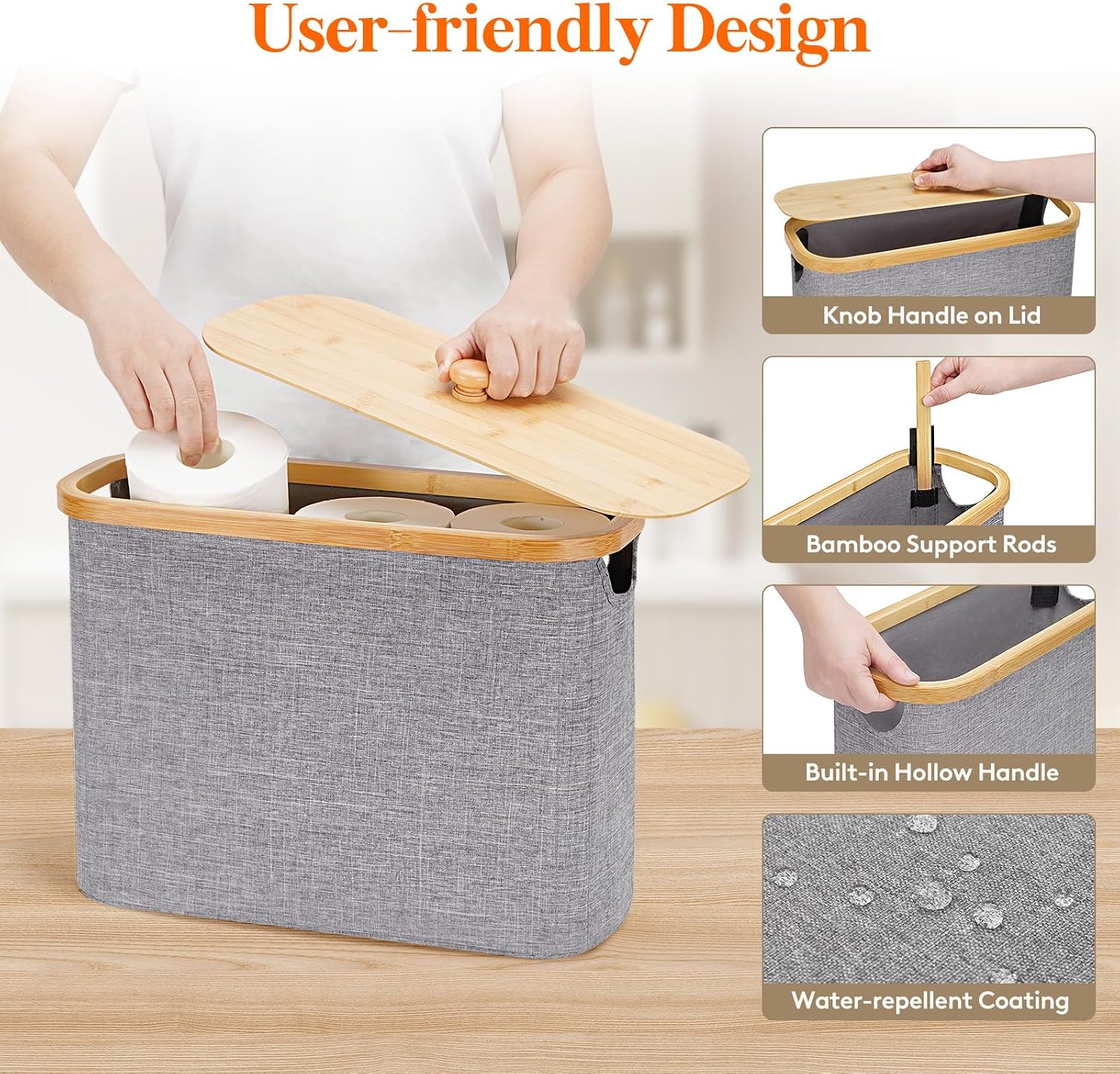 Lifewit Toilet Paper Storage Holder, Large Stand Basket, 23L, Light Gray | 9 to 12 Rolls, Large Paper Stand with Bamboo