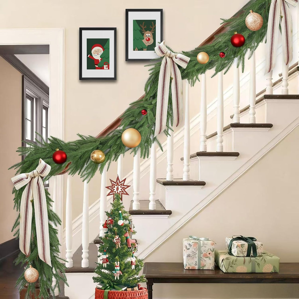 12FT(2 * 6FT) Christmas Norfolk Pine Garlands, Winter Decor Real Touch Pine Garland, Artificial Greenery Xmas Garland