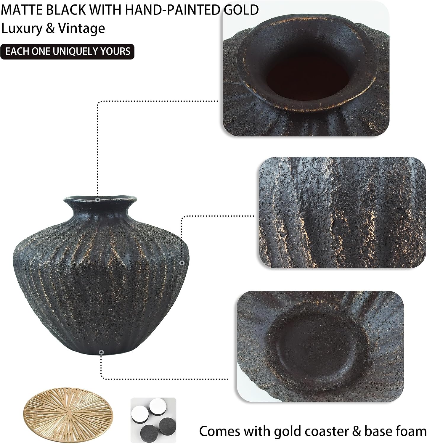 Ceramic Vase / Organic Accent Flower / Small / Black / 6 Inch