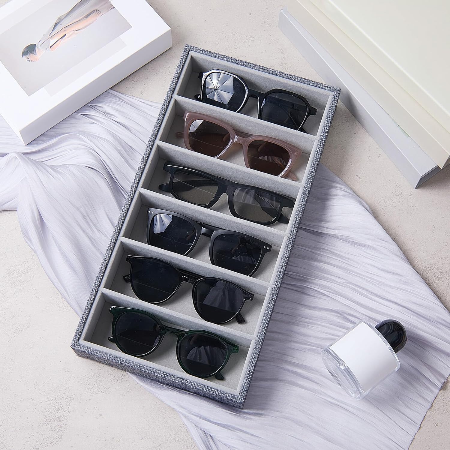 Velvet Sunglasses Organizer Tray 6 Grid Sunglass Organizer Velvet Tray Stackable / Gray / Set of 4