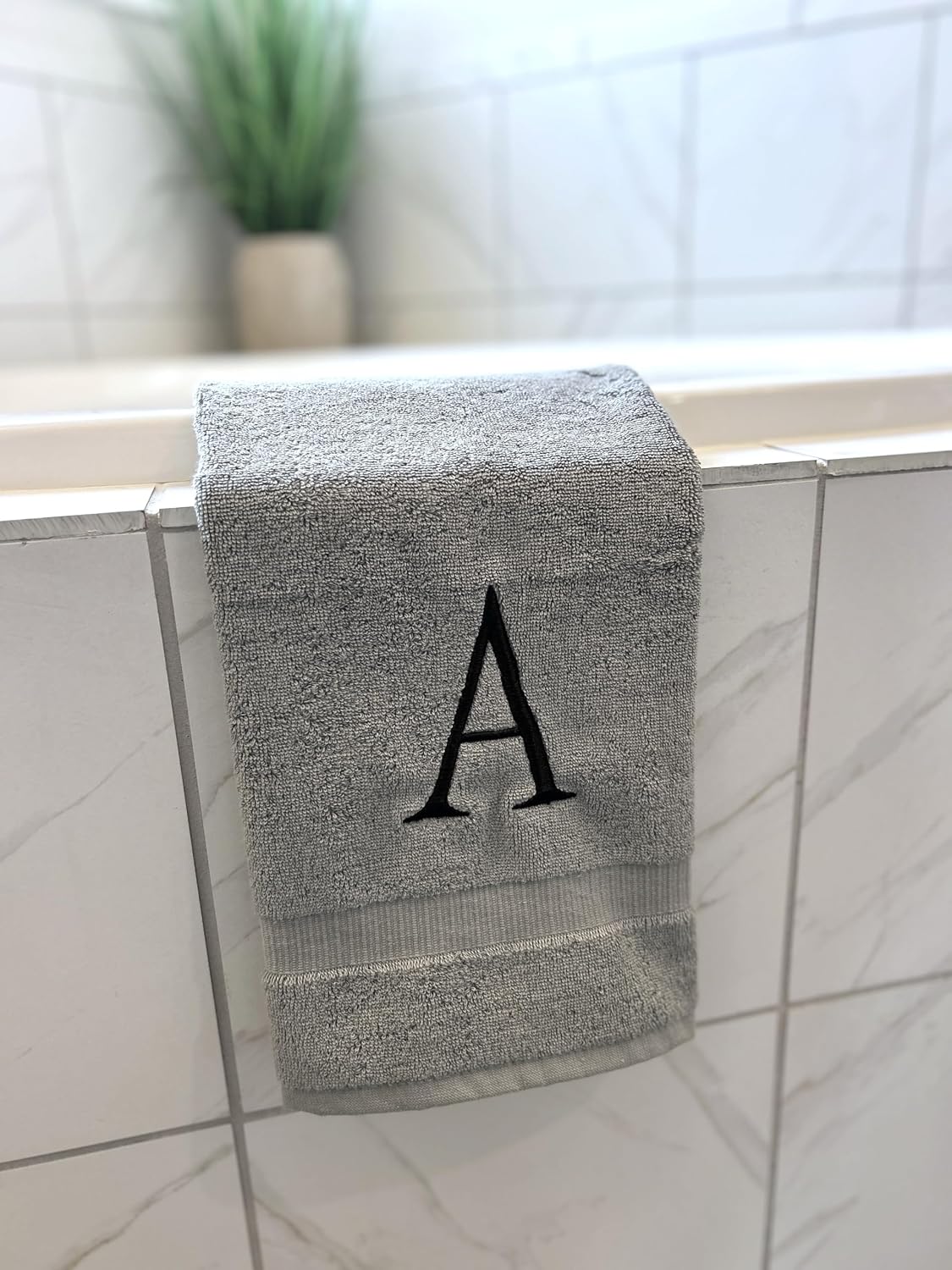 Gray with Black Monogrammed Hand Towels for Bathroom - Set of 2 Letter E | Luxury Hotel Quality Initial Towels For