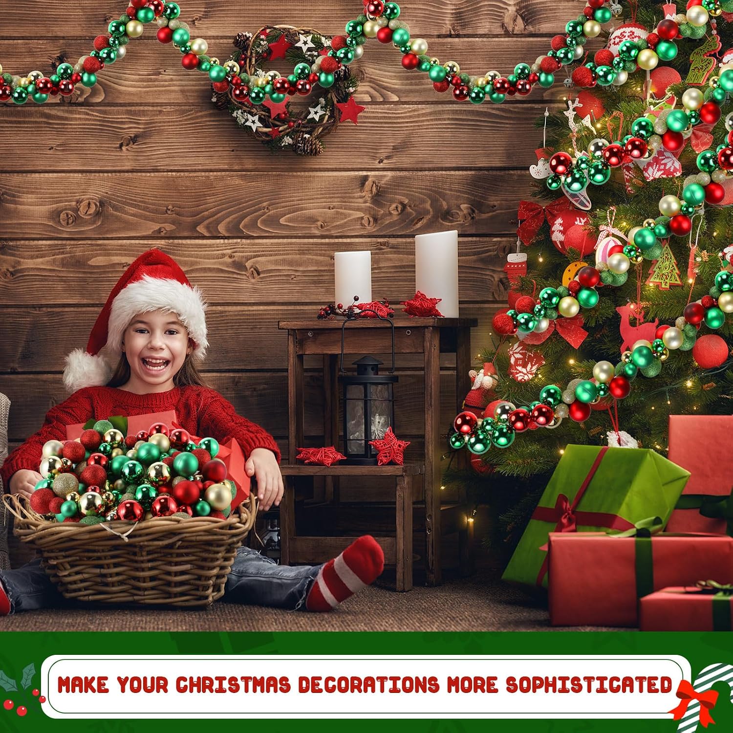 Hiboom 2 Pcs 6 Feet Christmas Ball Garland Ornaments Indoor Outdoor Garland Xmas Decorative Hanging Ornaments for
