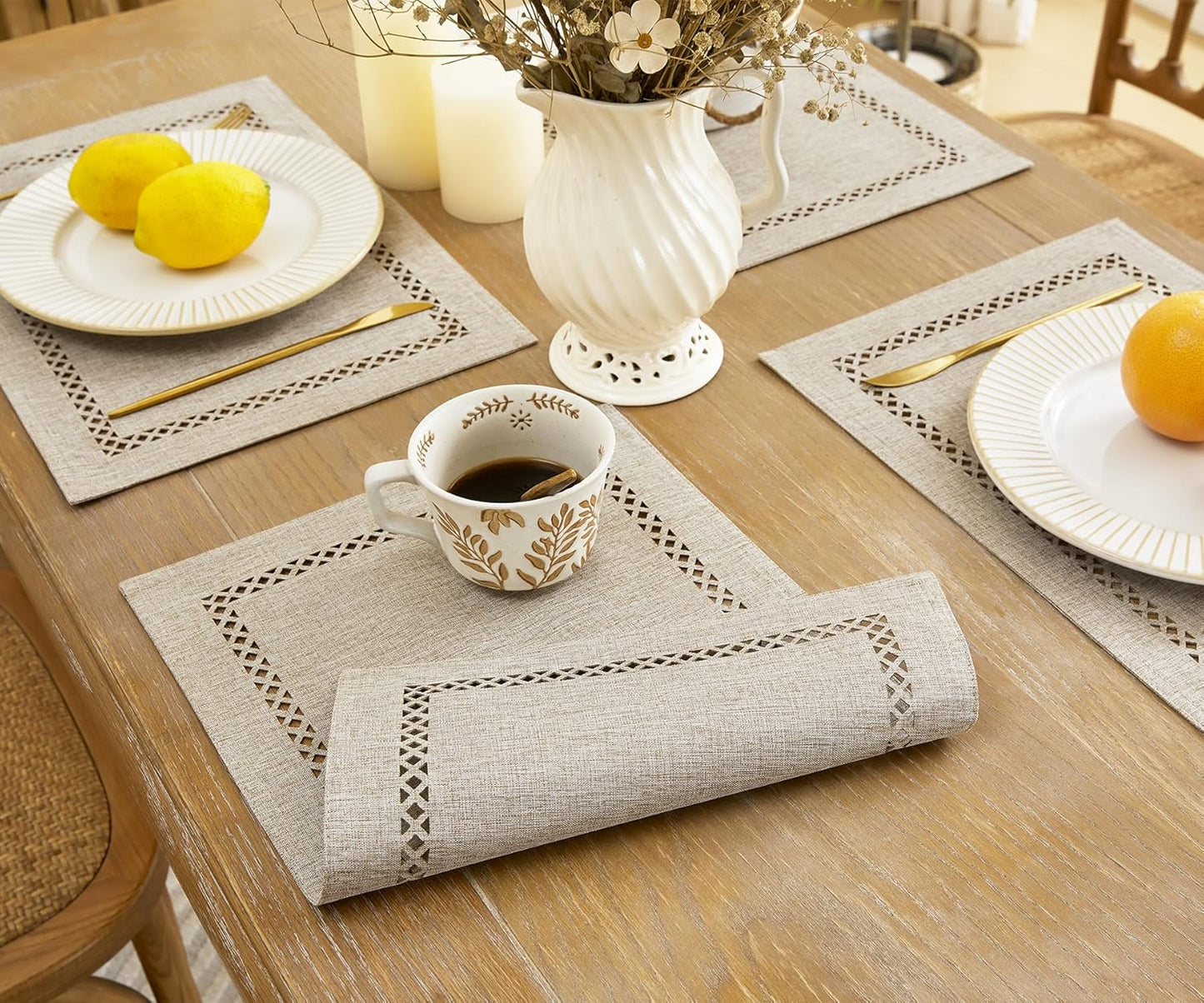 Farmhouse Burlap Place Mats, Coffee Placemats Set of 6, 12 x 18 Inch | Double Layer, Thick Textured Lattice Cutwork