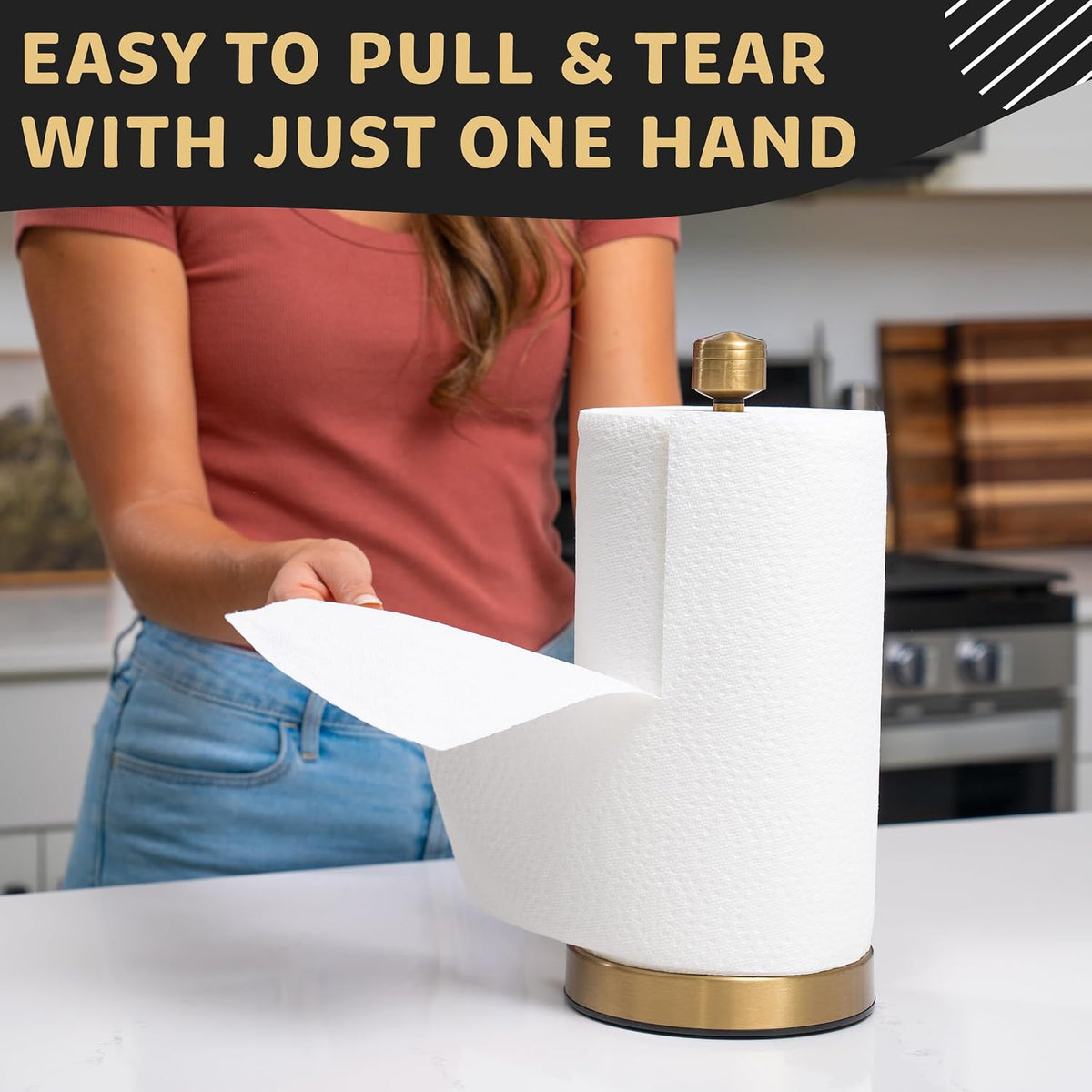 Heavy-Duty Stainless Steel Paper Towel Holder - Easy One-Handed Tear with Suction Cups - Modern Weighted Standing