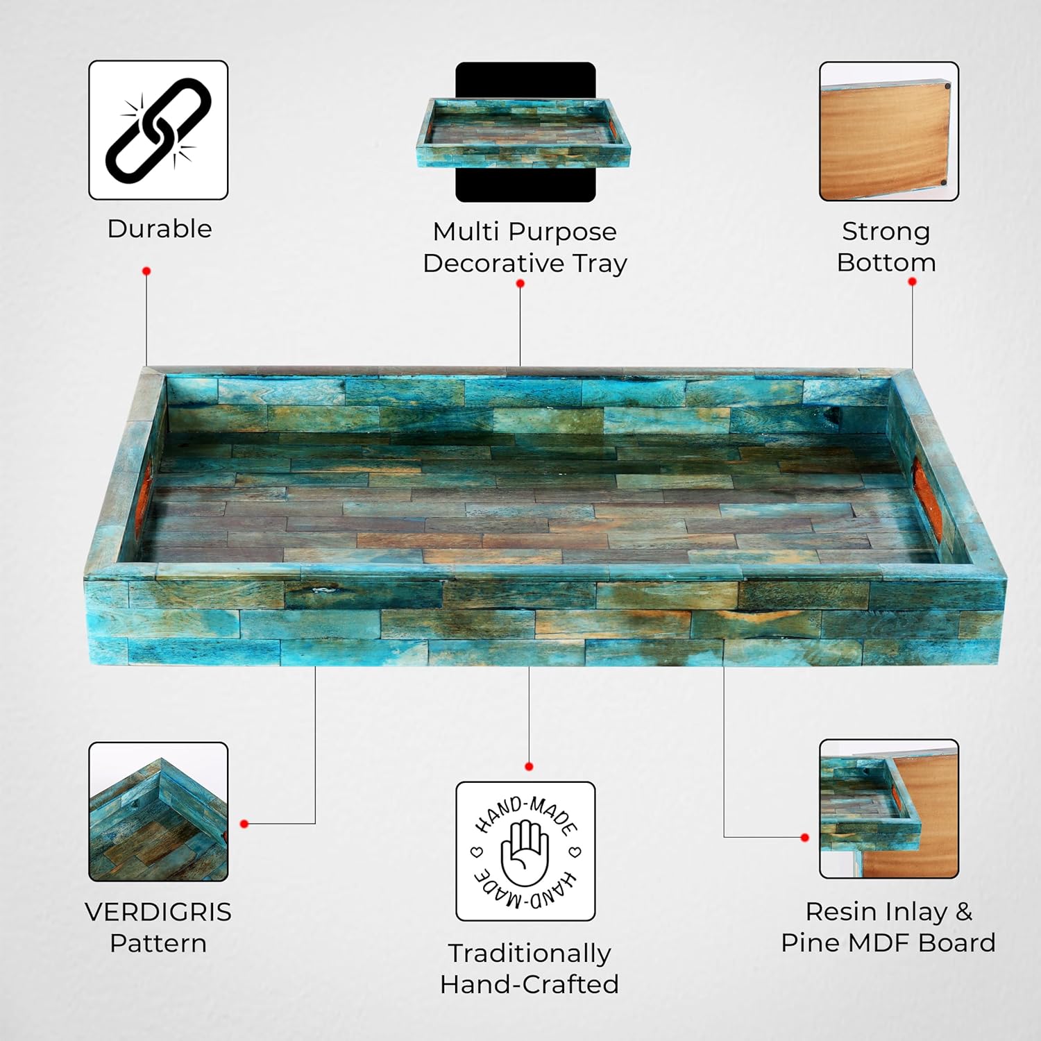 Bone Inlay Decorative Tray / 11 x 17 / Verdigris