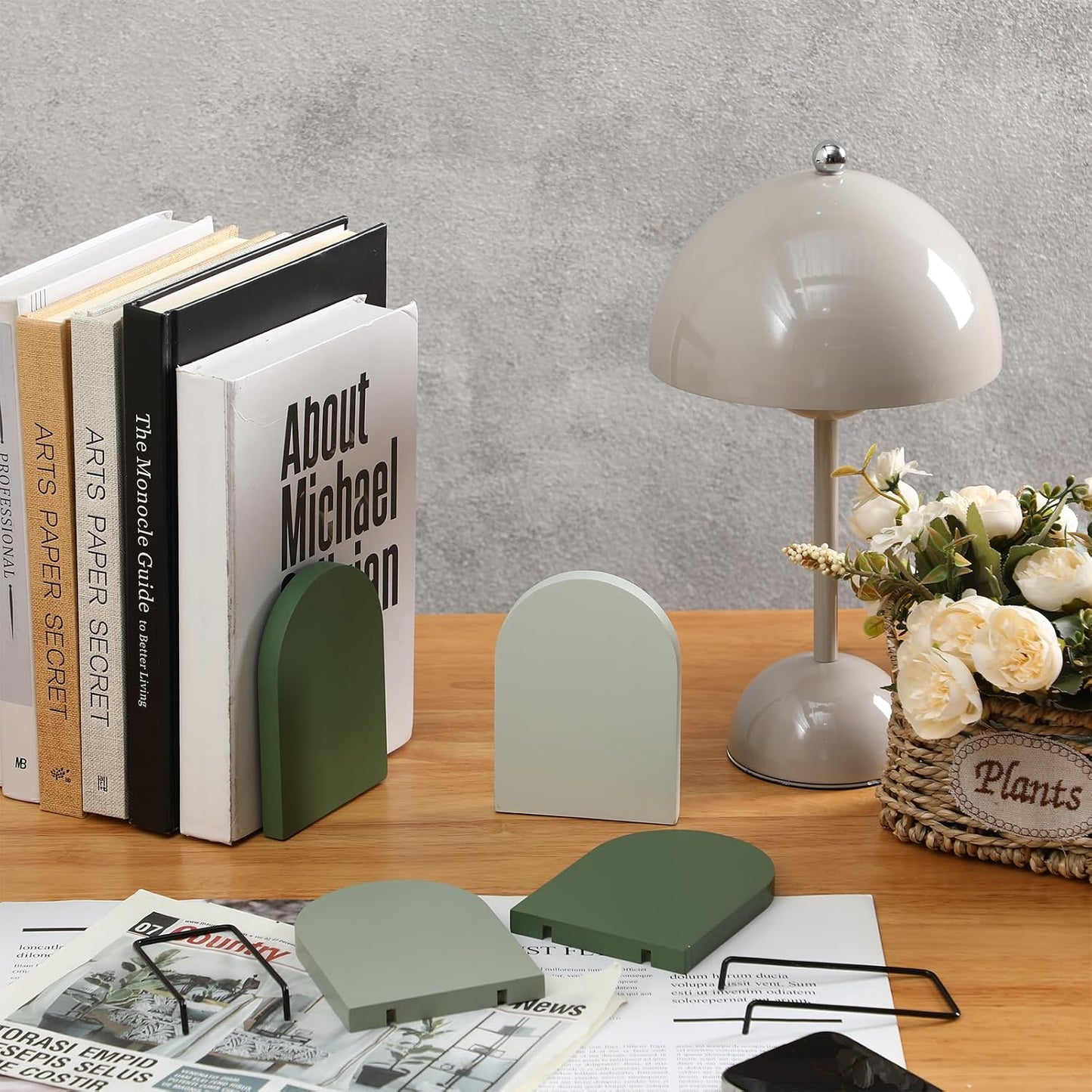 Boho Wood Bookends Back to School Sage Wooden Book Stands Decorative Non Skid / Green / Set of 4