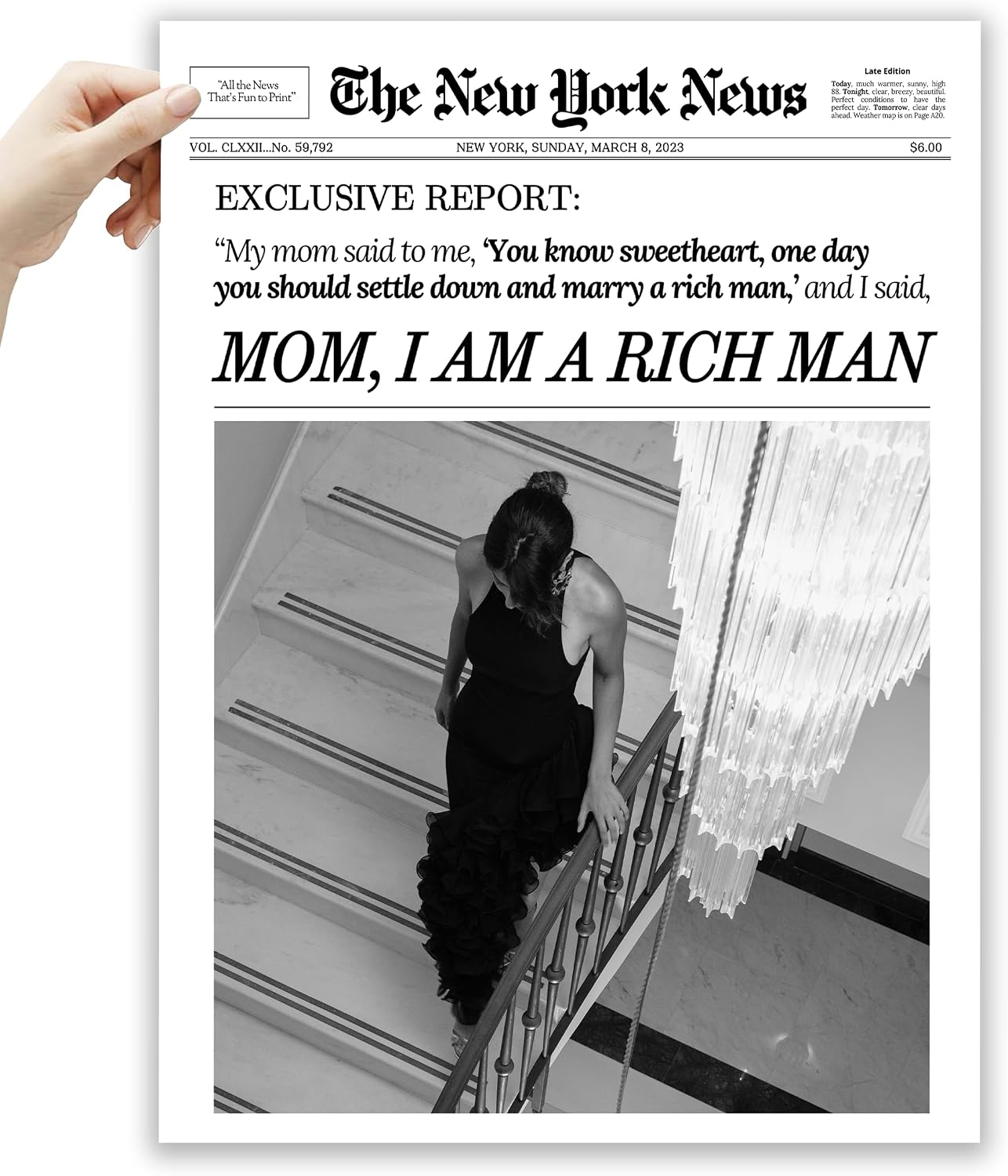 EcoHest 12x16 in Mom I Am a Rich Man Newspaper Canvas Art
