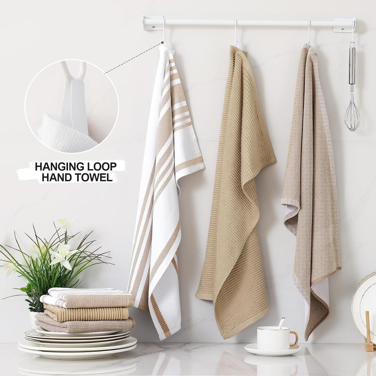 Homaxy Cotton 380 GSM Premium Kitchen Towels, 18"x 28", 12 Pack, Khaki | Soft and Absorbent Terry Dish Towels