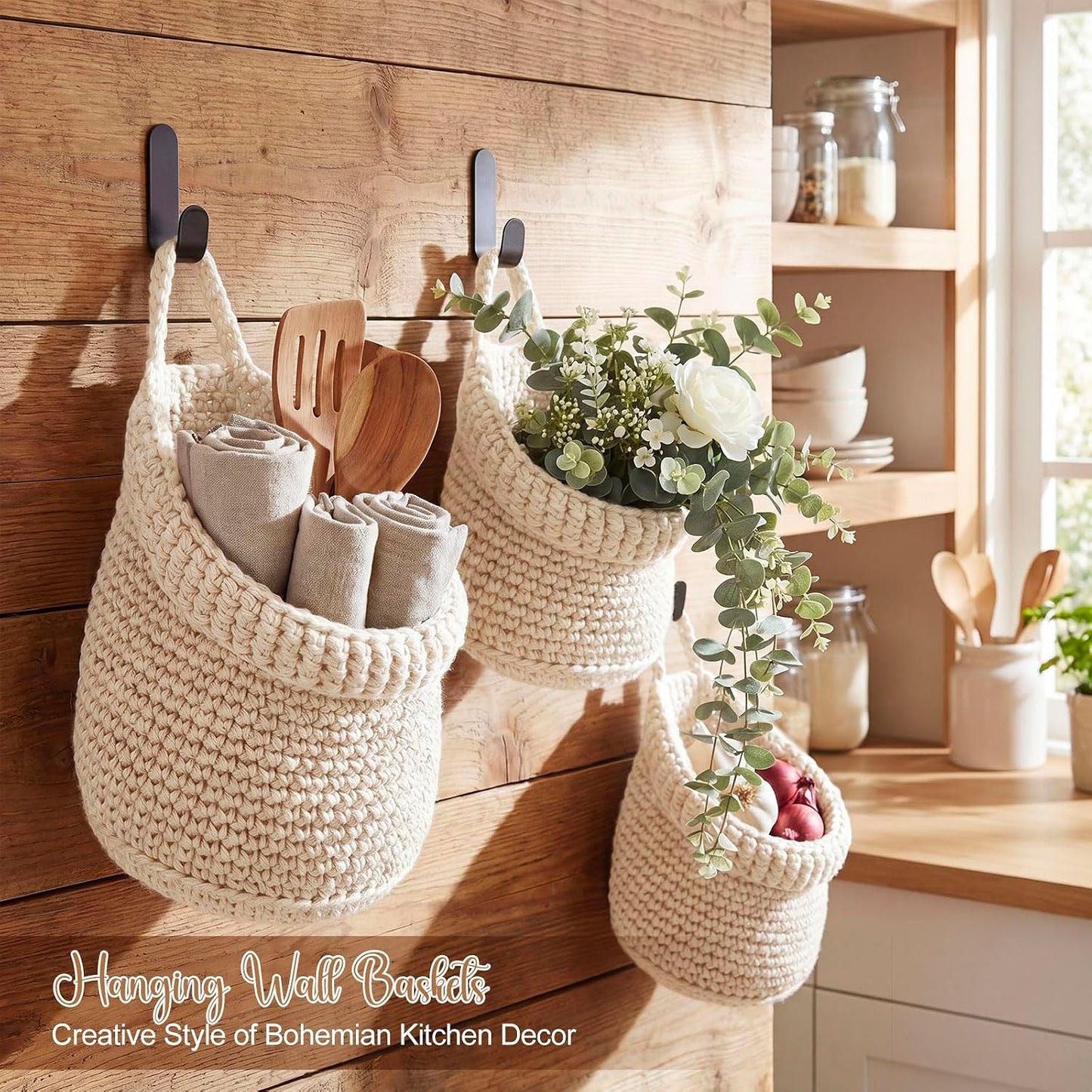 Boho Decor Hanging Wall Baskets / White / Cotton Rope / Barrel / Set of 3