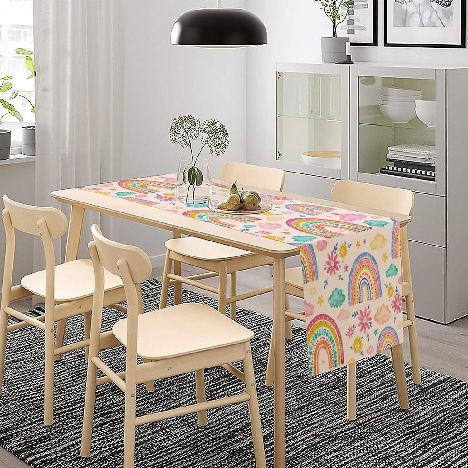 Fantasy Cartoon Colorful Rainbow Table Runner Pink Abstract Cute Boho Rainbow Pattern Printed Linen Table Runner for