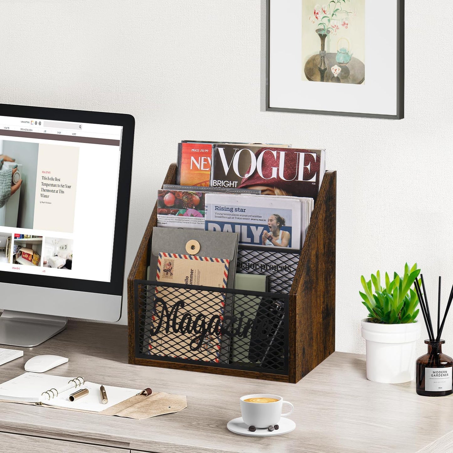 YINMIT 3 Tier Magazine Rack, Stepped Magazine Holder Floor for Home Storage | 3 Tier Stepped Design, Wood and Metal
