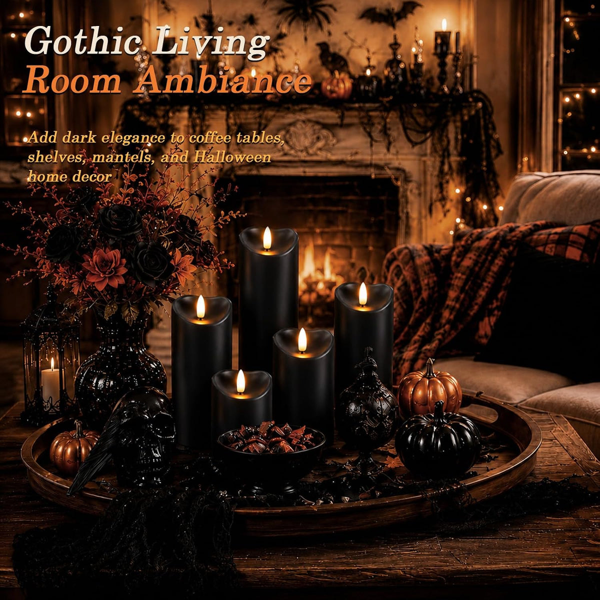 Homemory Halloween Black Waterproof LED Candles with Remote Timer, Set of 6 | Flameless candles