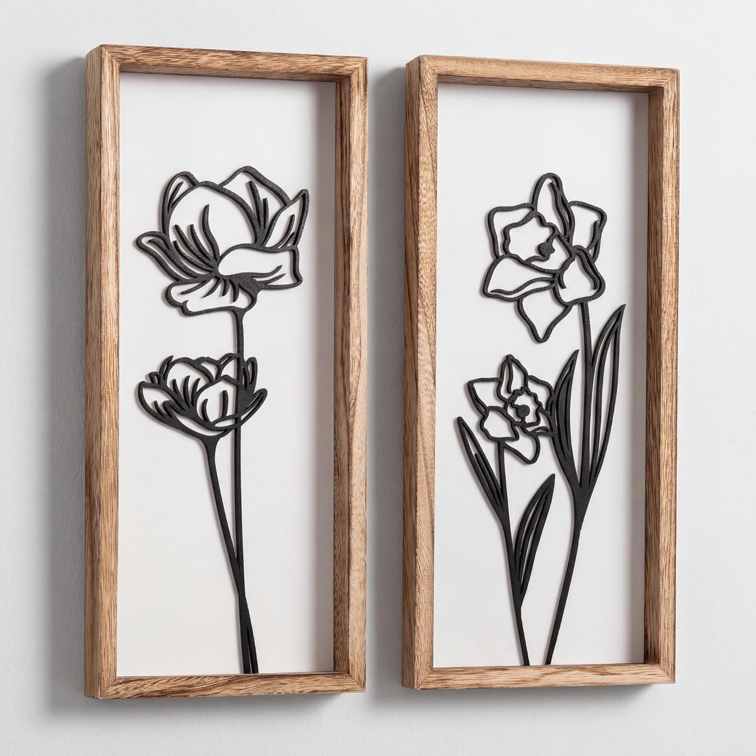 3D Black and White Wall Art (Set of 2) Lightweight, Wooden Ready-to-Hang Framed Floral Wall Art for Bathroom, Bedroom