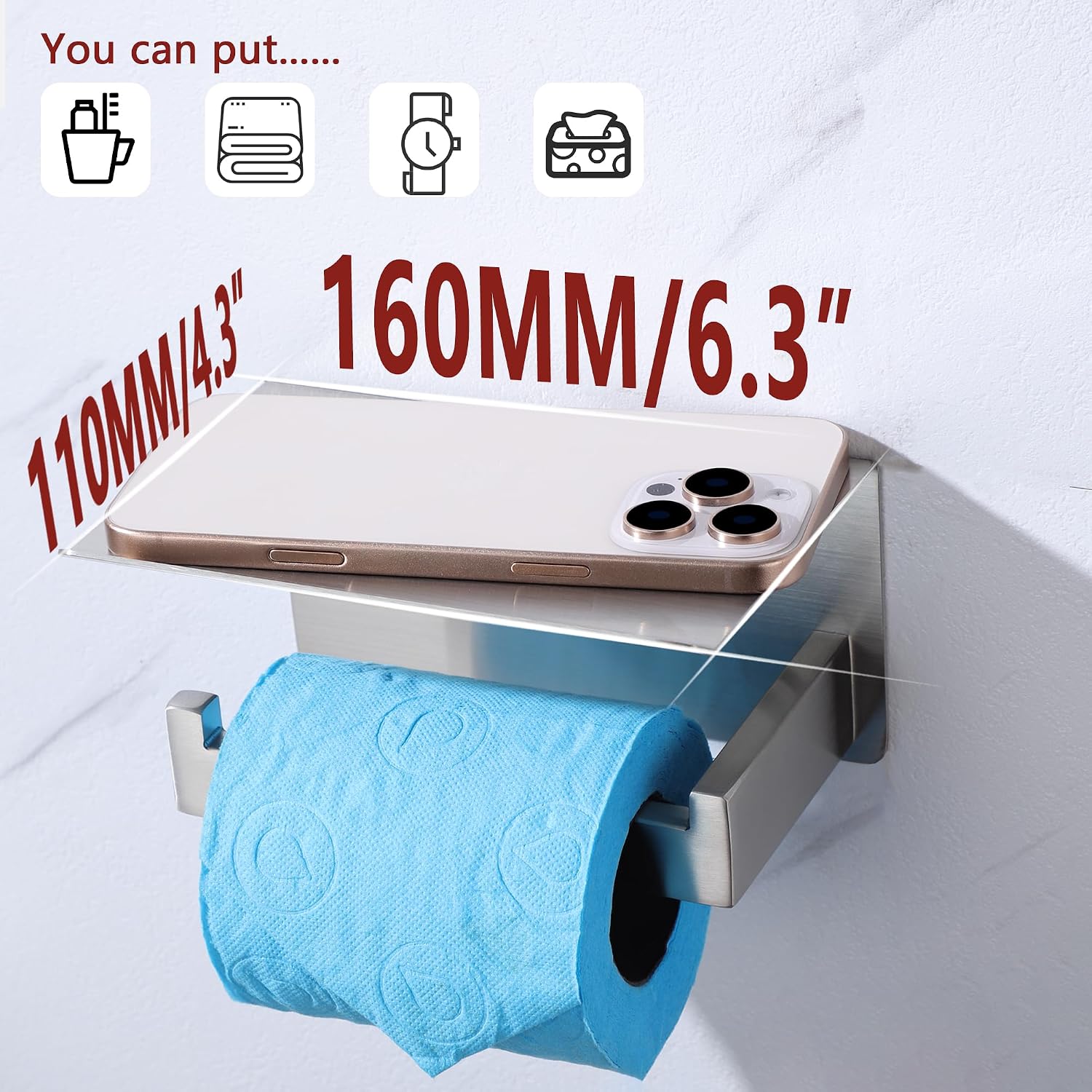 LANC Bathroom Toilet Paper Holder with Shelf, Brushed Nickel Toilet Paper Roll Holder with Shelf for Bathroom Wall