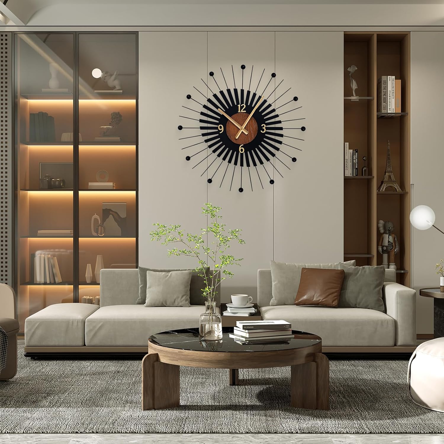 22 Inch Modern Sunburst Wall Clock Battery Operated Silent Quartz Movement | Black Metal Radiating Design with Walnut