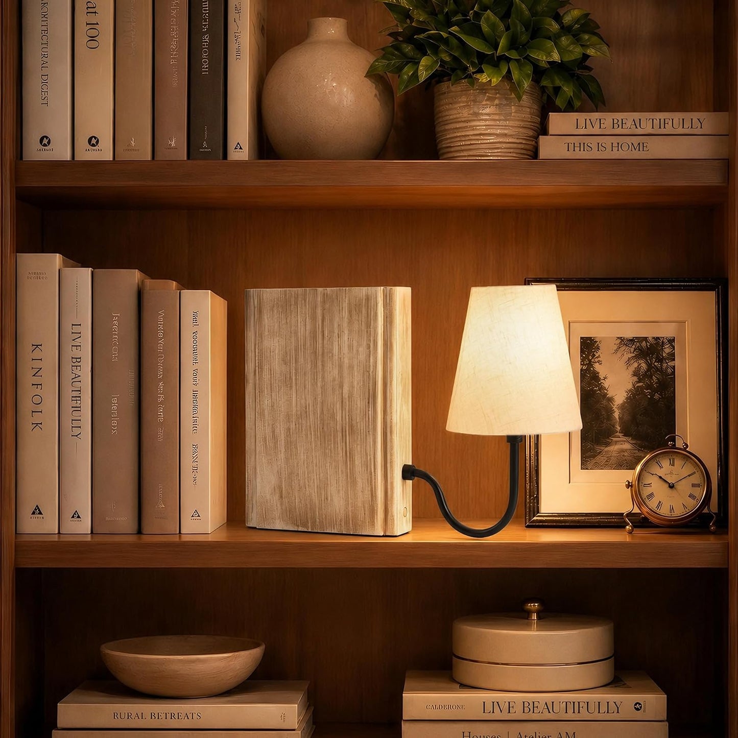 Solid Wood Bookshelf Lamp with Bulb, Cordless Rechargeable Touch Dimmable Table Lamp with Linen Fabric Shade, Modern
