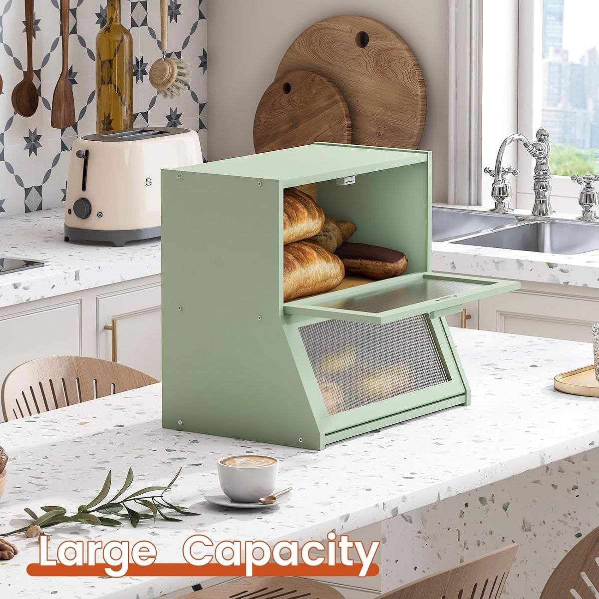 GHWIE Double Layer Bamboo Bread Box for Kitchen Counter,Large Capacity Bread Storage Bin,Bread Container with Acrylic