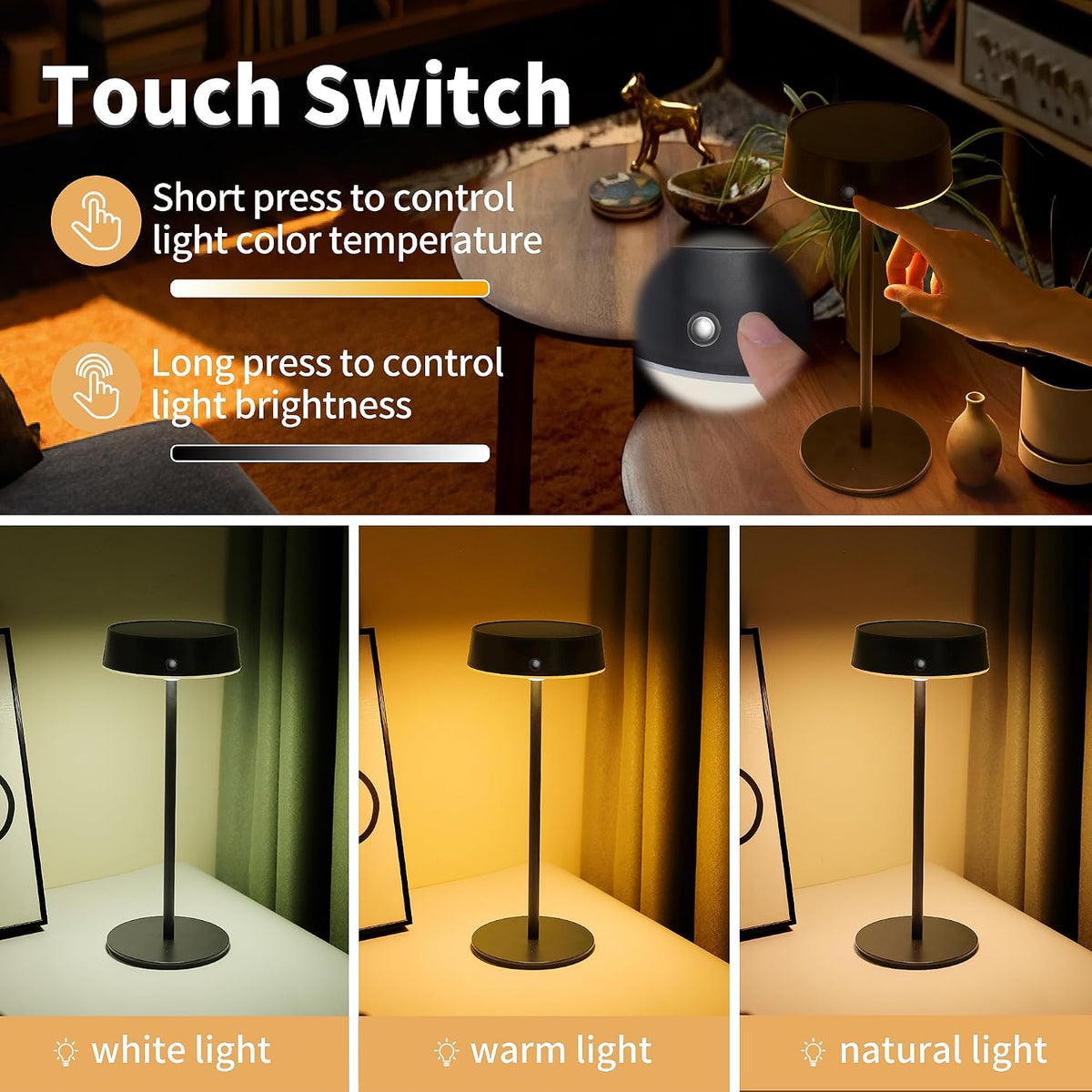 Mr.White Solar Waterproof Outdoor Rechargeable Cordless Table Lamps, Set of 2 Touch Dimmable Operated Battery Table
