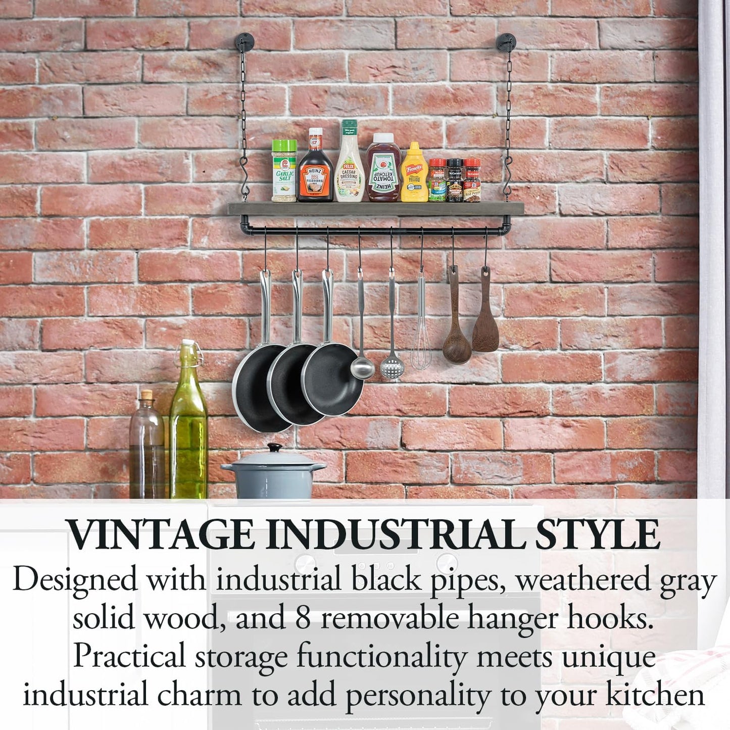 MyGift Wall Ceiling Pot Rack with Shelf, Black Pipe Cookware Organizer | Industrial rack stores pots, pans, and