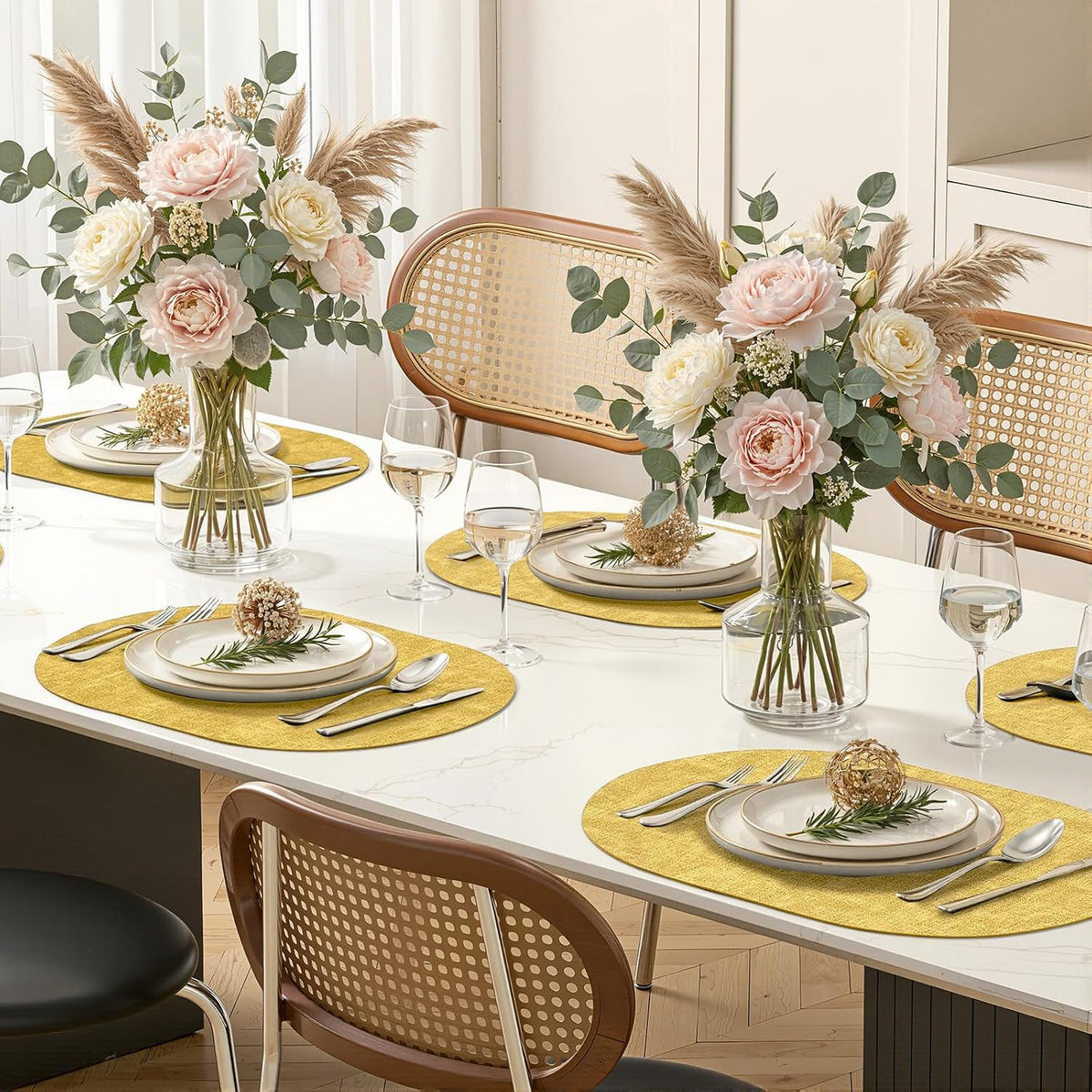 Placemats Set of 4, 11.8 x 17 Inch, Yellow | Heat Resistant Oval Faux Leather Place Mats, Waterproof Wipeable