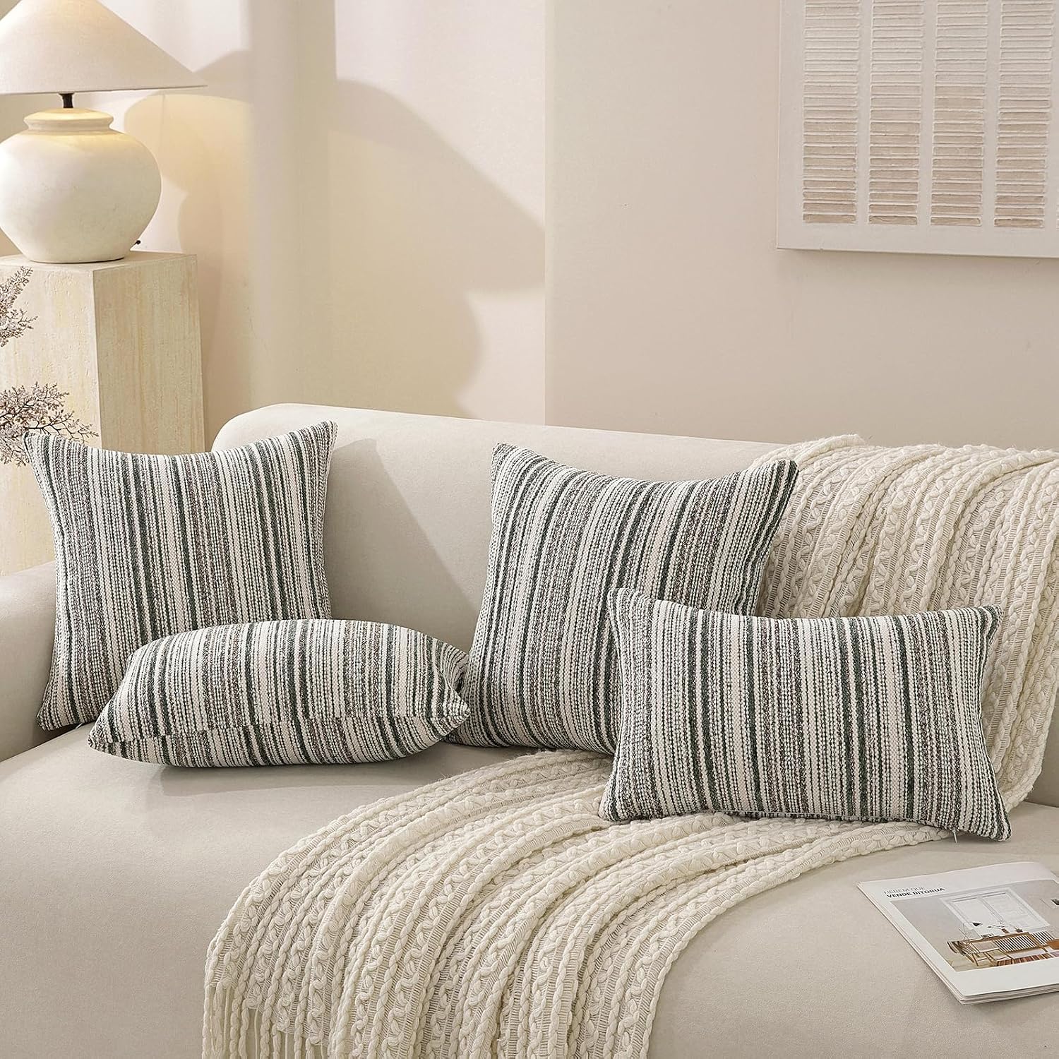Boho Throw Pillow Covers / Green Strip / 18 x 18 / Set of 2