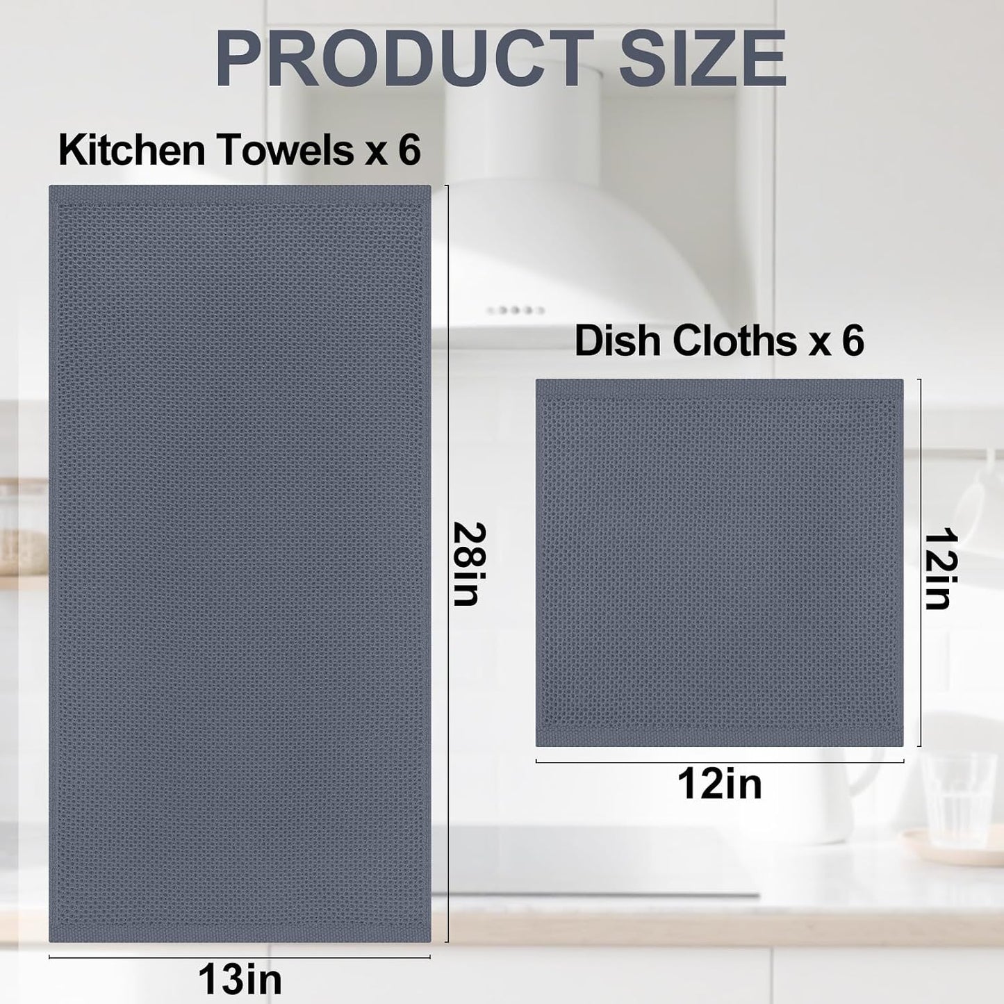 Homaxy 12 Pack 100% Cotton Kitchen Towels and Dishcloths Set, Dark Grey | 12 x 12 Inches and 13 x 28 Inches Kitchen