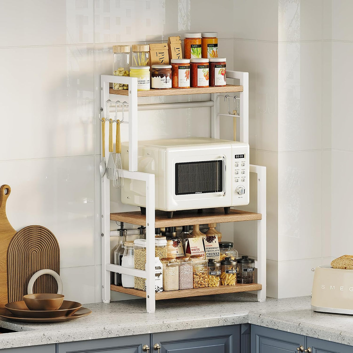 Kitchen Countertop Organizer, 3 Tier Large Spice Rack Organizer with Adjustable Shelf and 5 Hooks, Wooden Counter